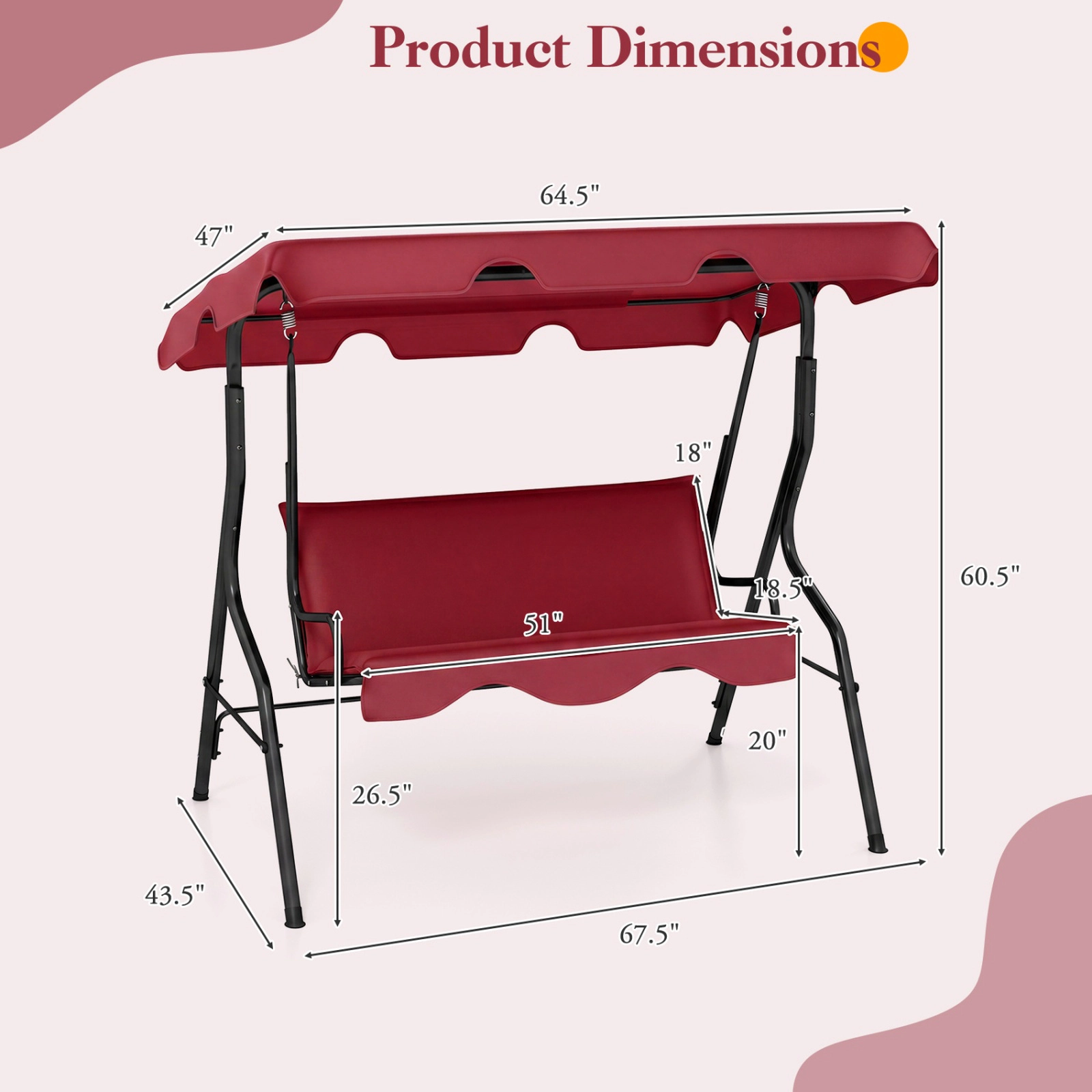SUGIFT Red 3-Seat Outdoor Patio Swing with Canopy, Cushioned Bench and Steel Frame