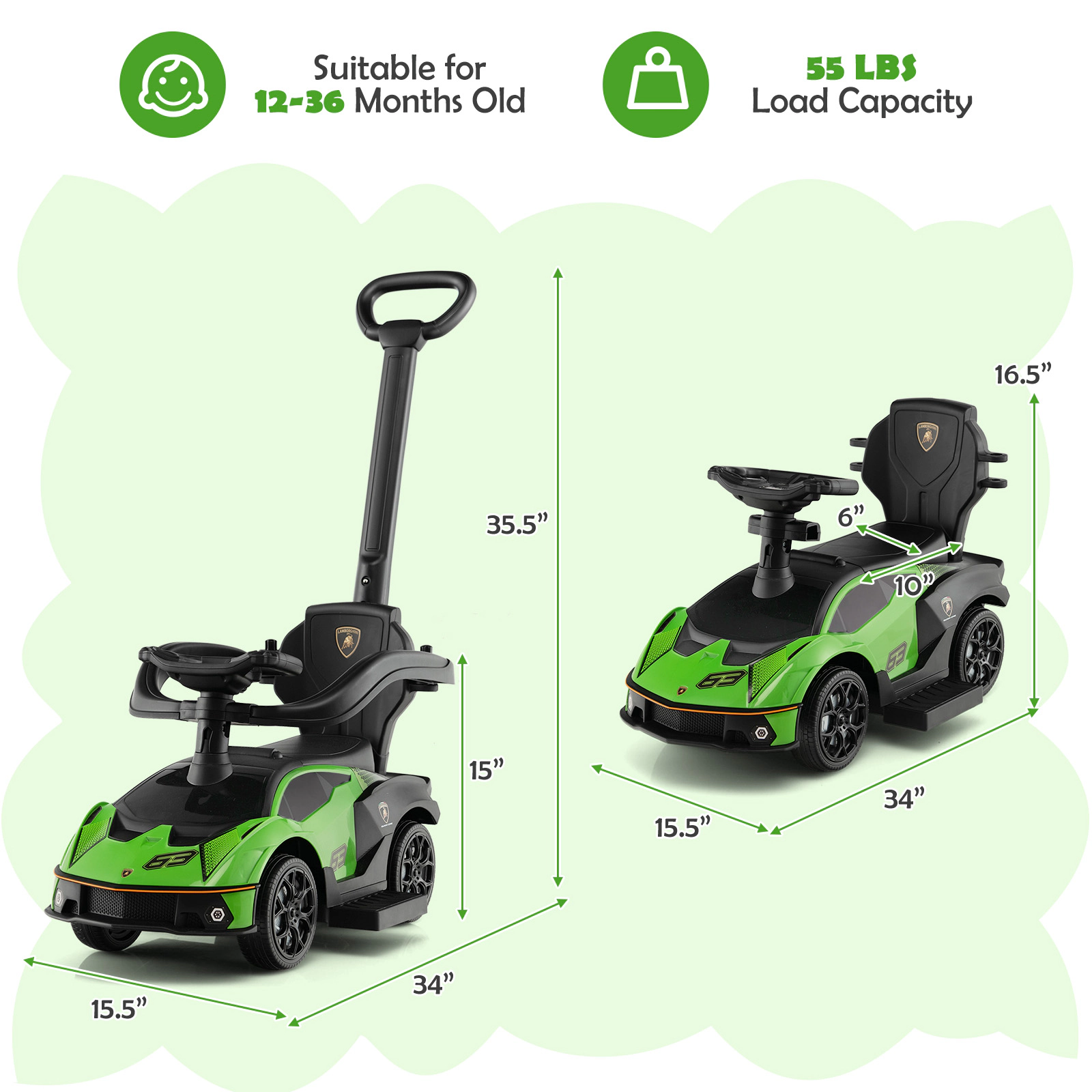 Costway 3-in-1 Licensed Lamborghini Ride on Push Car Stroller Sliding w/ Sound White