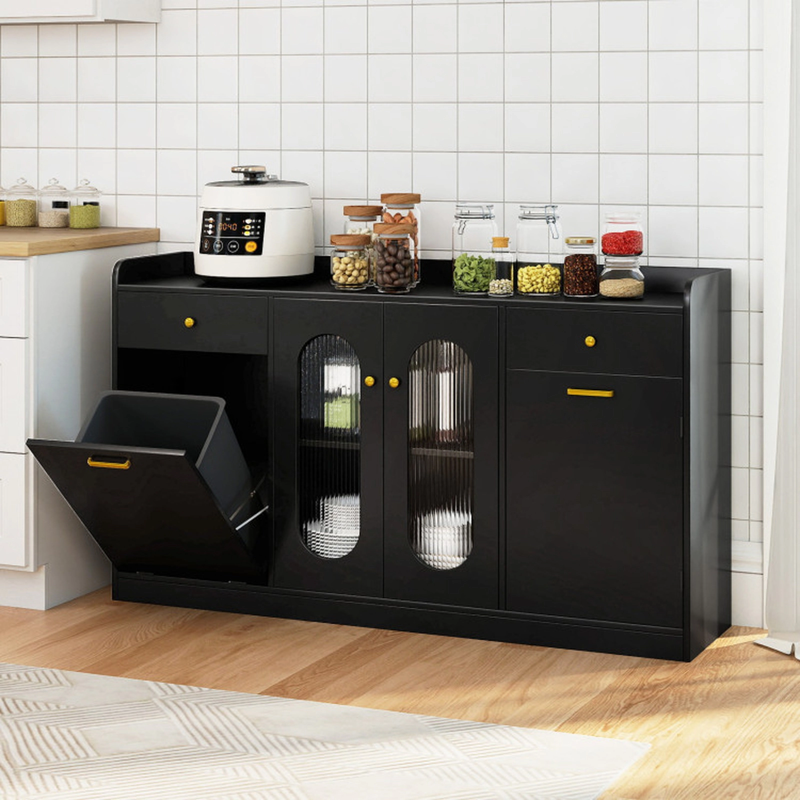 SUGIFT 55-in Tilt-Out Trash Cabinet 2 Fluted Glass Doors 2 Drawers Buffet Sideboard 31.5-in H 110-lb Capacity Black