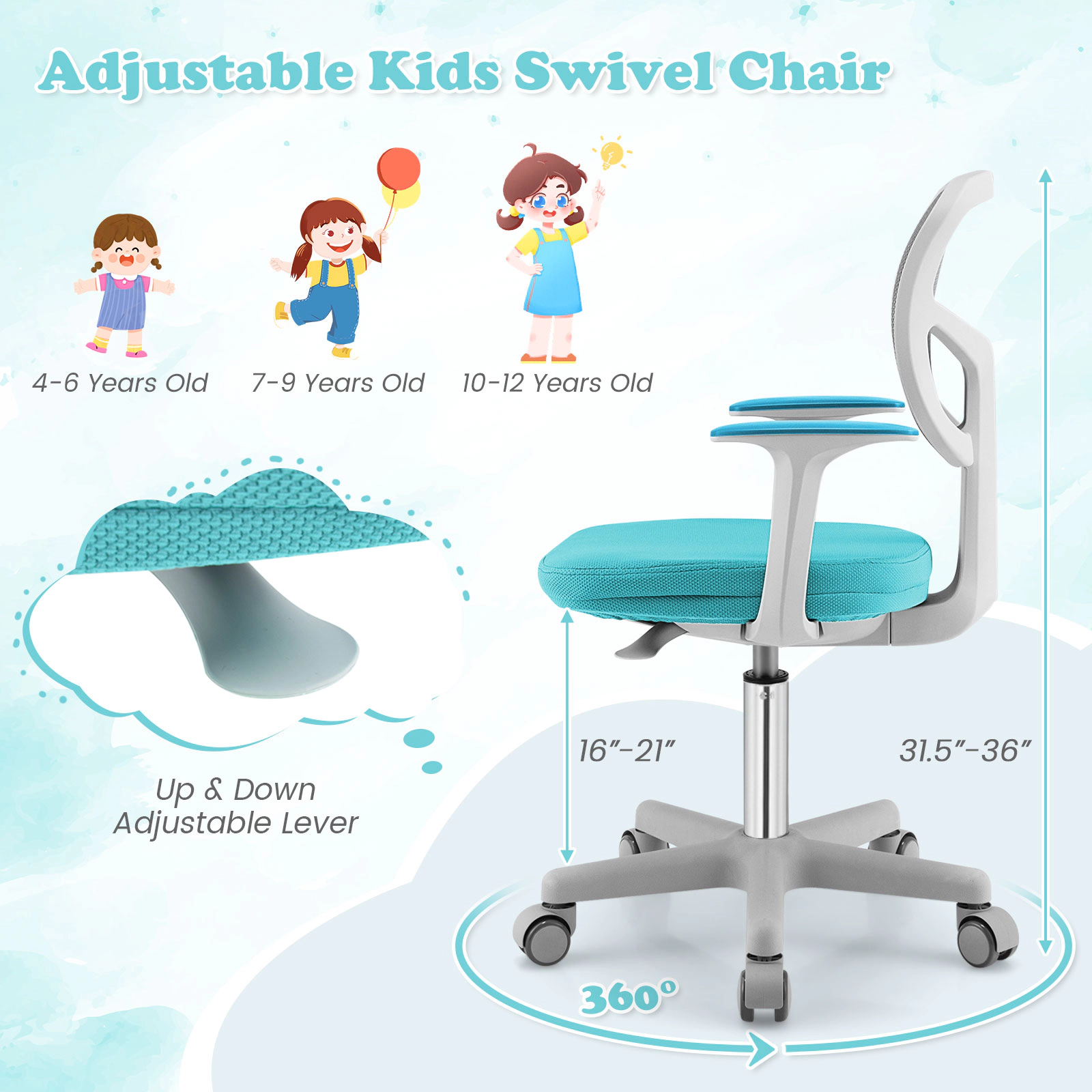 SUGIFT Kids Desk Chair, Adjustable Ergonomic Study Chair with Mesh Back, Auto-Brake Casters, Turquoise