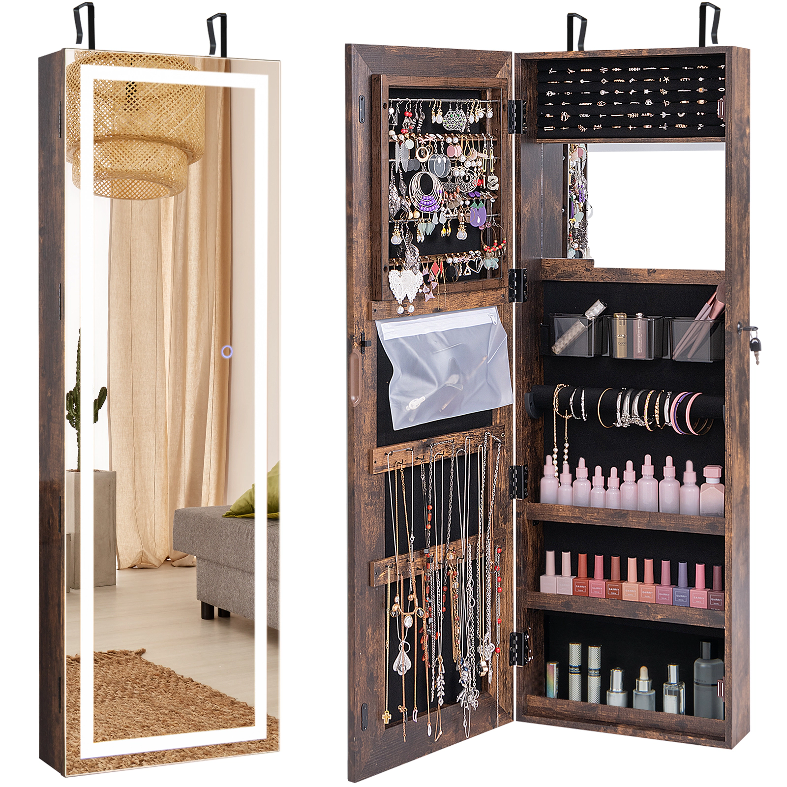 Glintex 47-Inch Mirrored Jewelry Cabinet with 3-Mode LED and Dual Mounting, Rustic Brown