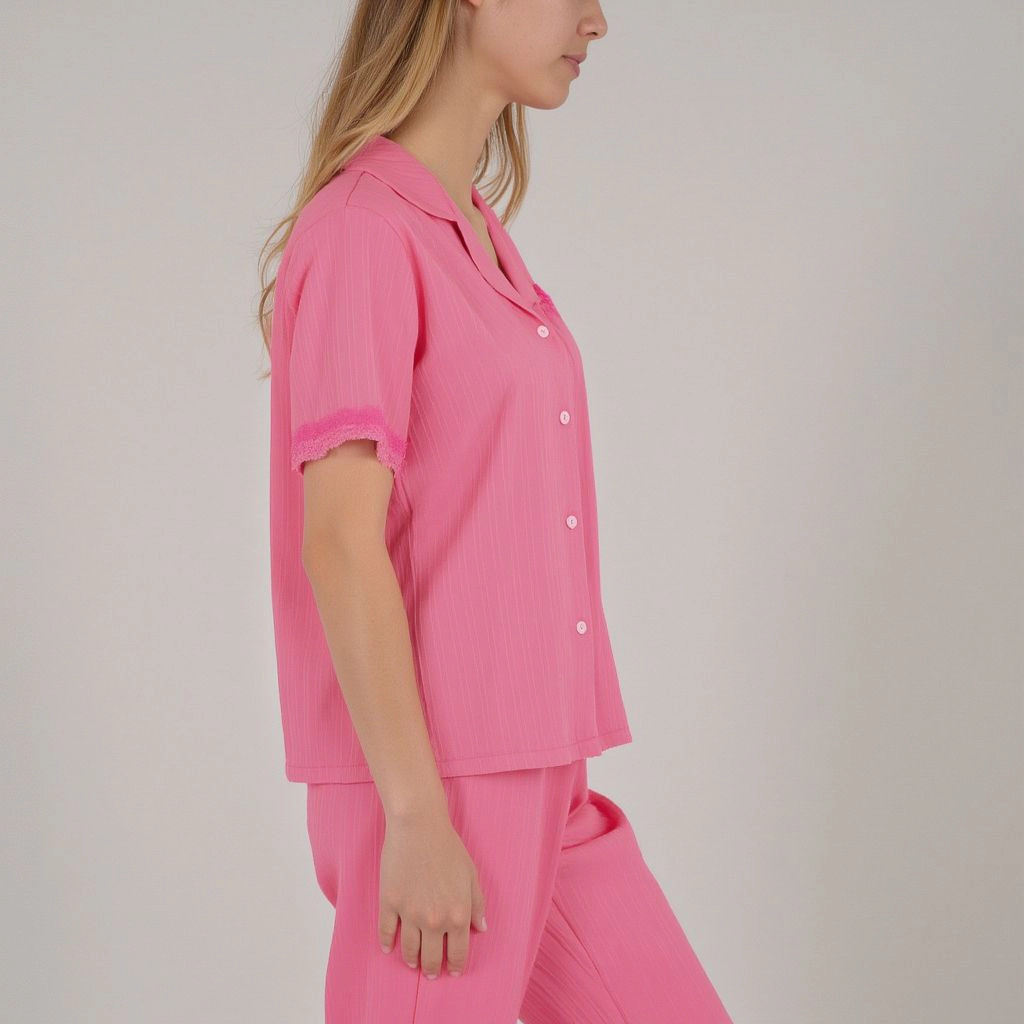Anna-Kaci Women's Short Sleeve Pajama Set with Button Up Top Lace Trim Sleeves Chest Pocket and Relaxed Fit Lounge Pants