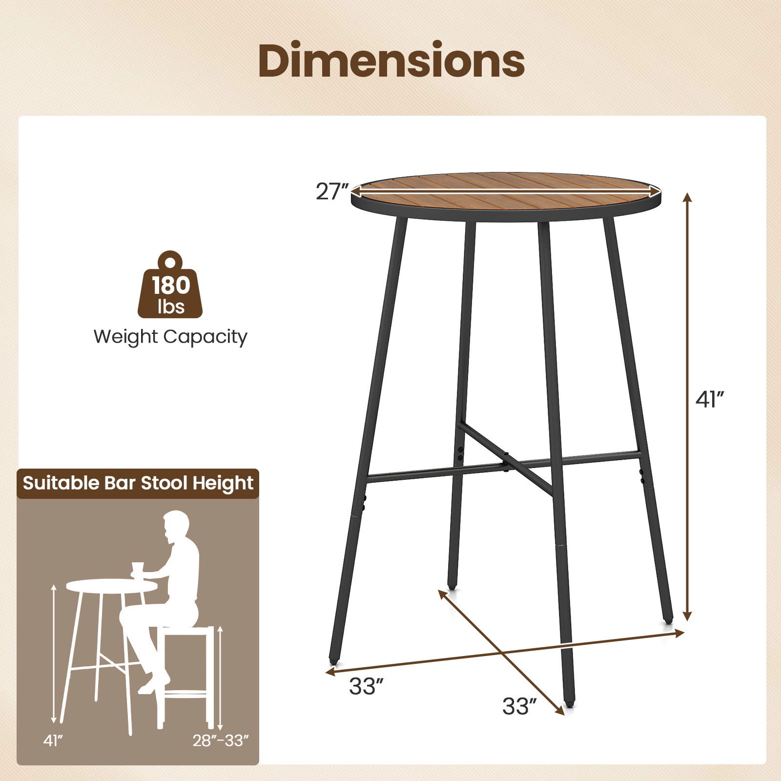 SUGIFT Outdoor Round Bar Table 41-in Tall with Acacia Wood Top and Metal Frame 180-lb Capacity Natural and Black