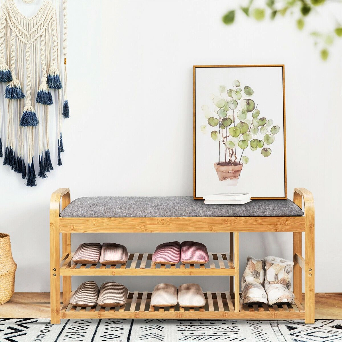 SlickBlue 3-Tier Wicker Shoe Storage Bench with Padded Seat