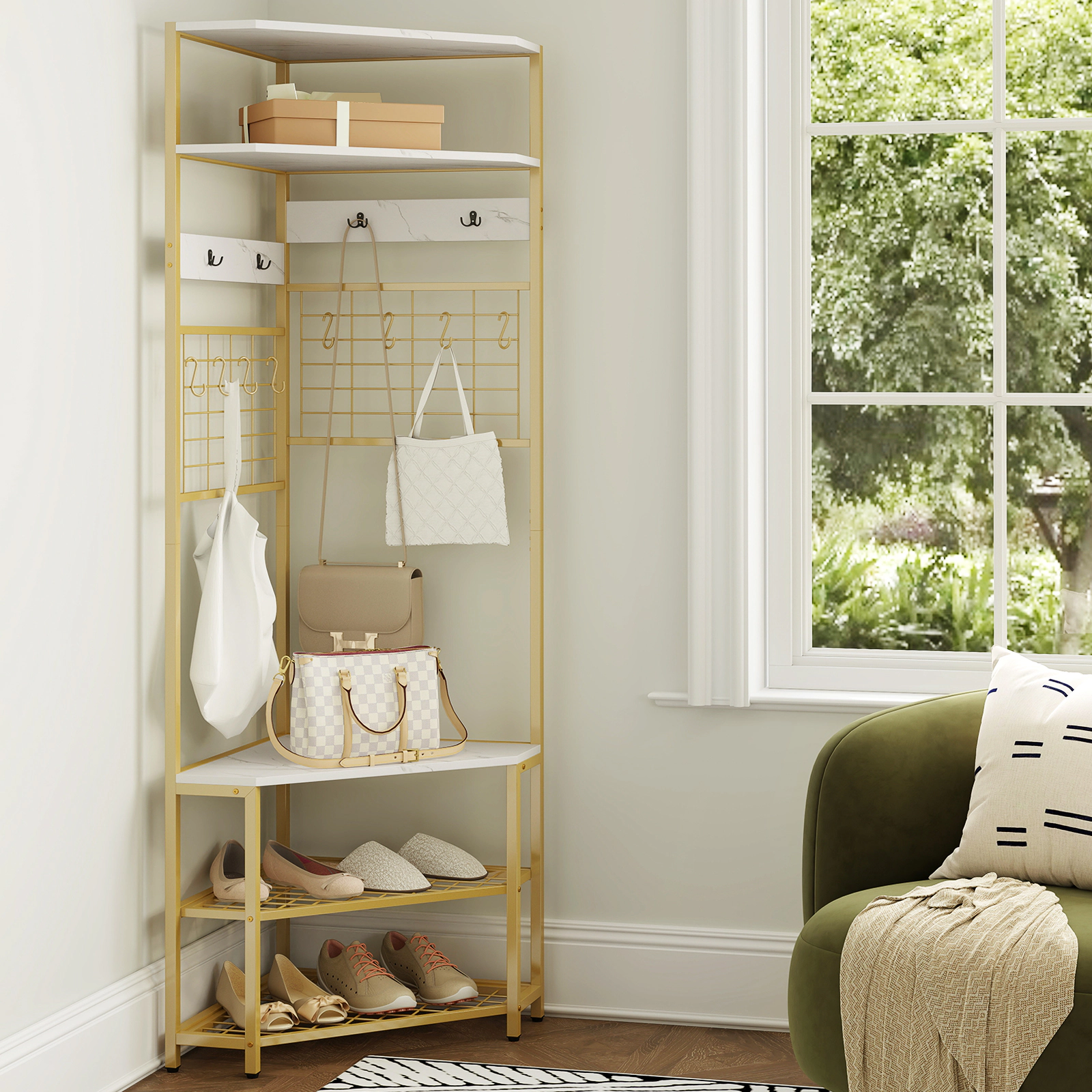 SUGIFT 5-Tier Corner Hall Tree White with Shoe Storage Bench and 8 Removable Hooks
