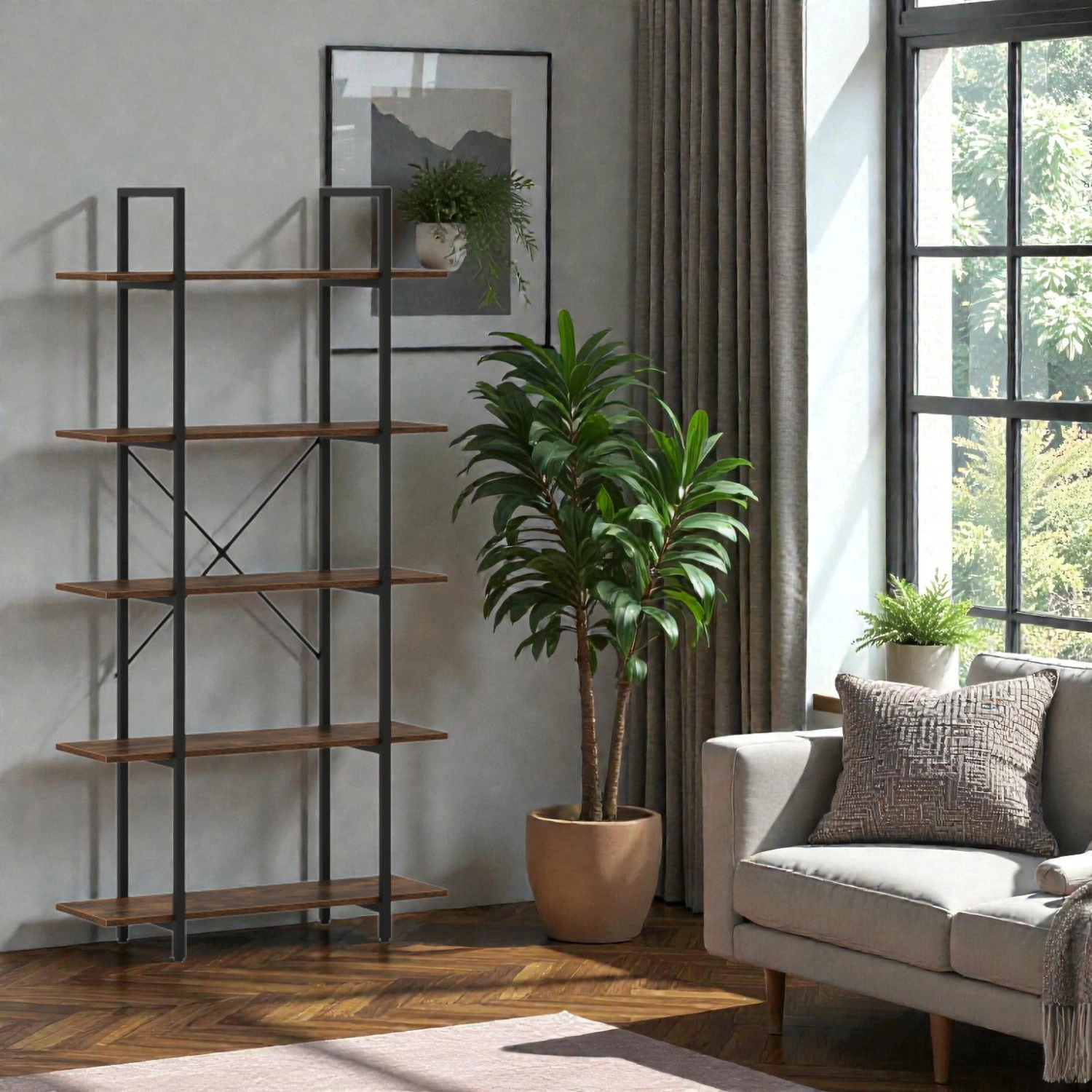 Hivvago Industrial Open Shelf Bookcase with Tiered Storage Design
