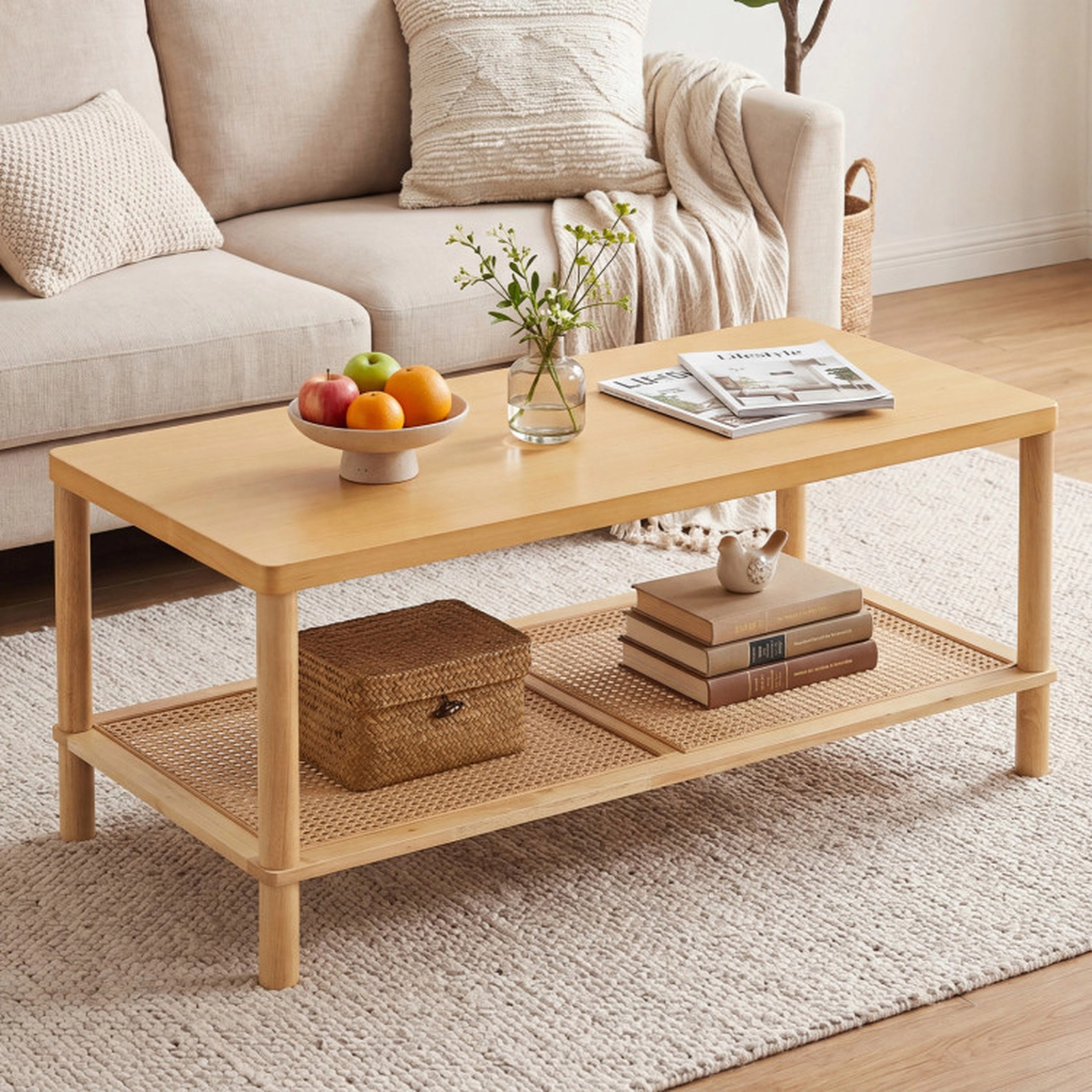 SUGIFT 39-in 185-lb Capacity 2-Tier Boho Rectangular Coffee Table with PVC Rattan Shelf and Rubber Wood Frame