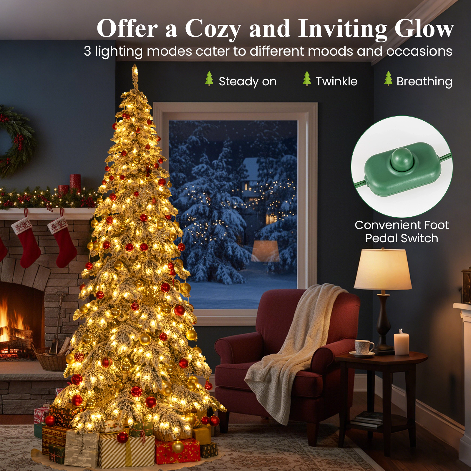 SUGIFT Snow-Flocked Pre-Lit Hinged 9-ft Artificial Christmas Tree with Quick Power Connectors 500-LED 3-Section White