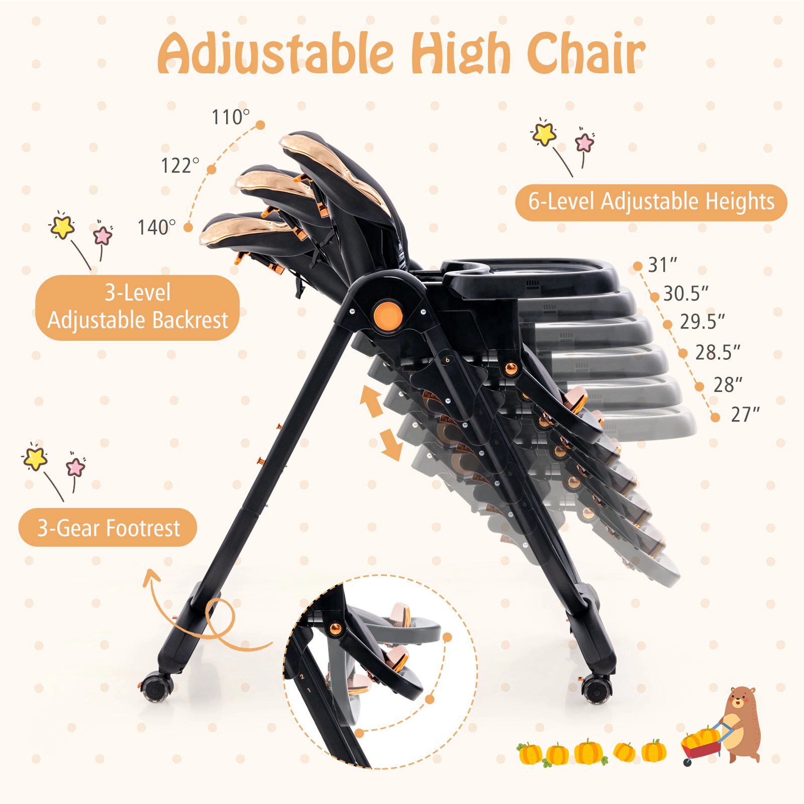 SUGIFT Folding Baby Dining High Chair with Adjustable Height and Recline 50-lb Capacity Ages 6-36 Months Gray/Black