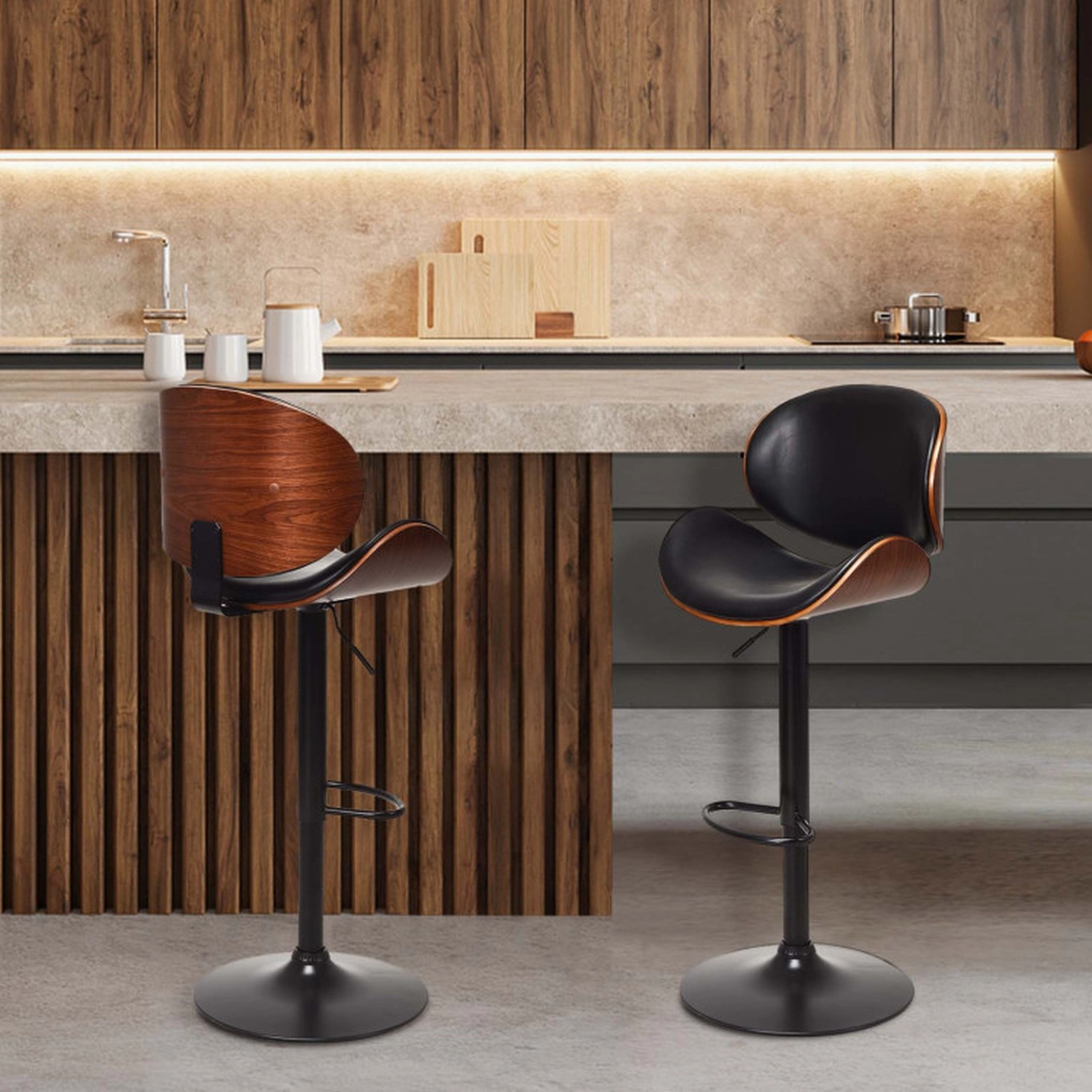 SUGIFT Black and Walnut Curved Footrest Set of 2 Adjustable Swivel PU Leather Bar Stools