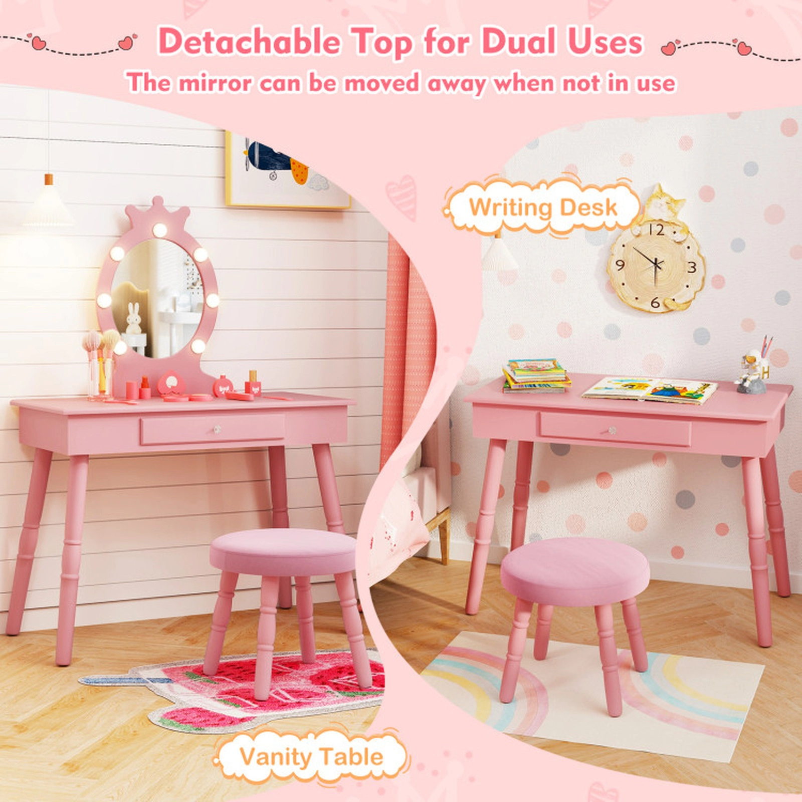 SUGIFT Pink Lighted Mirror Adjustable Brightness Large Drawer and Padded Stool Kids Vanity Set