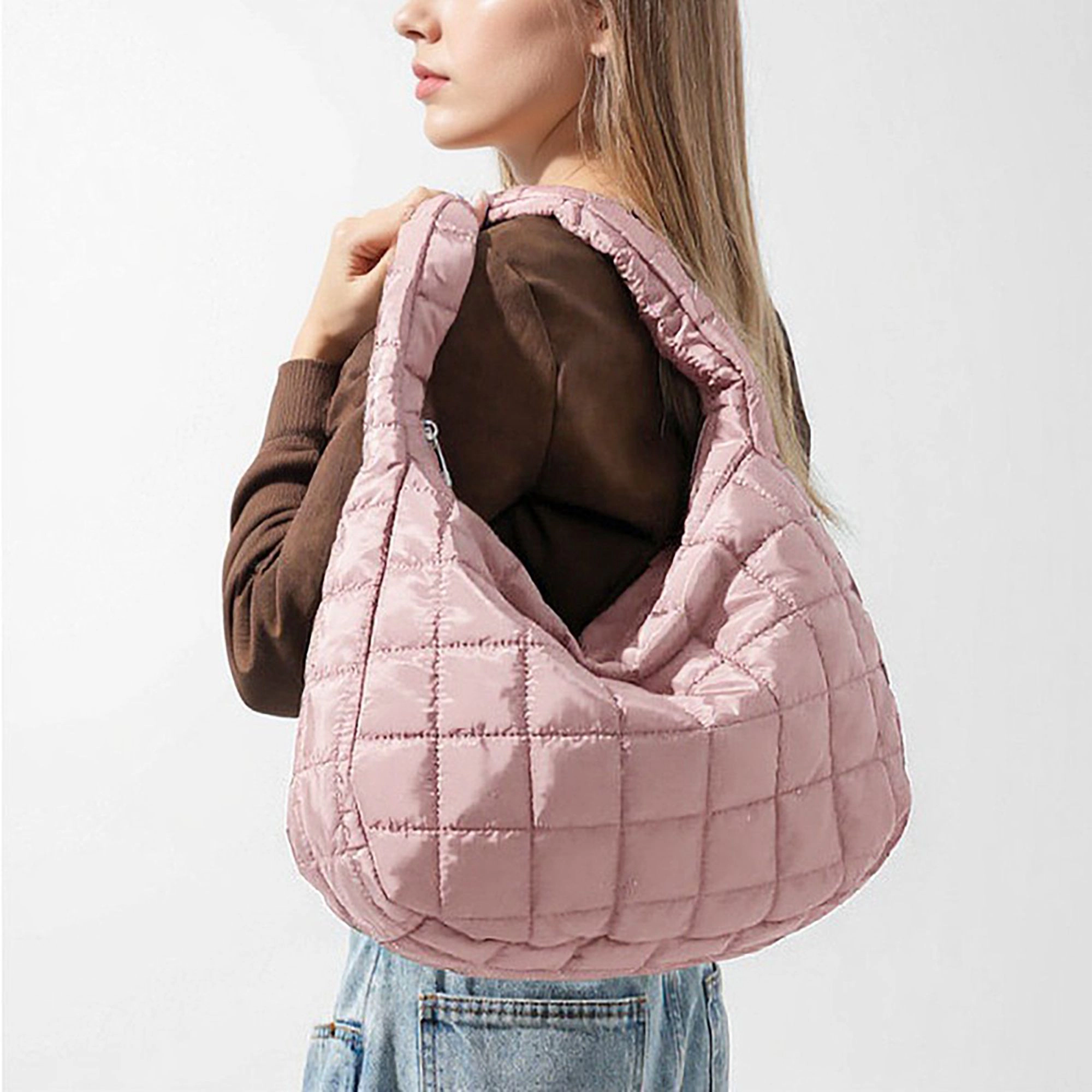 Alilang Women's Quilted Shoulder Bag with Padded Handle and Zip Top Closure