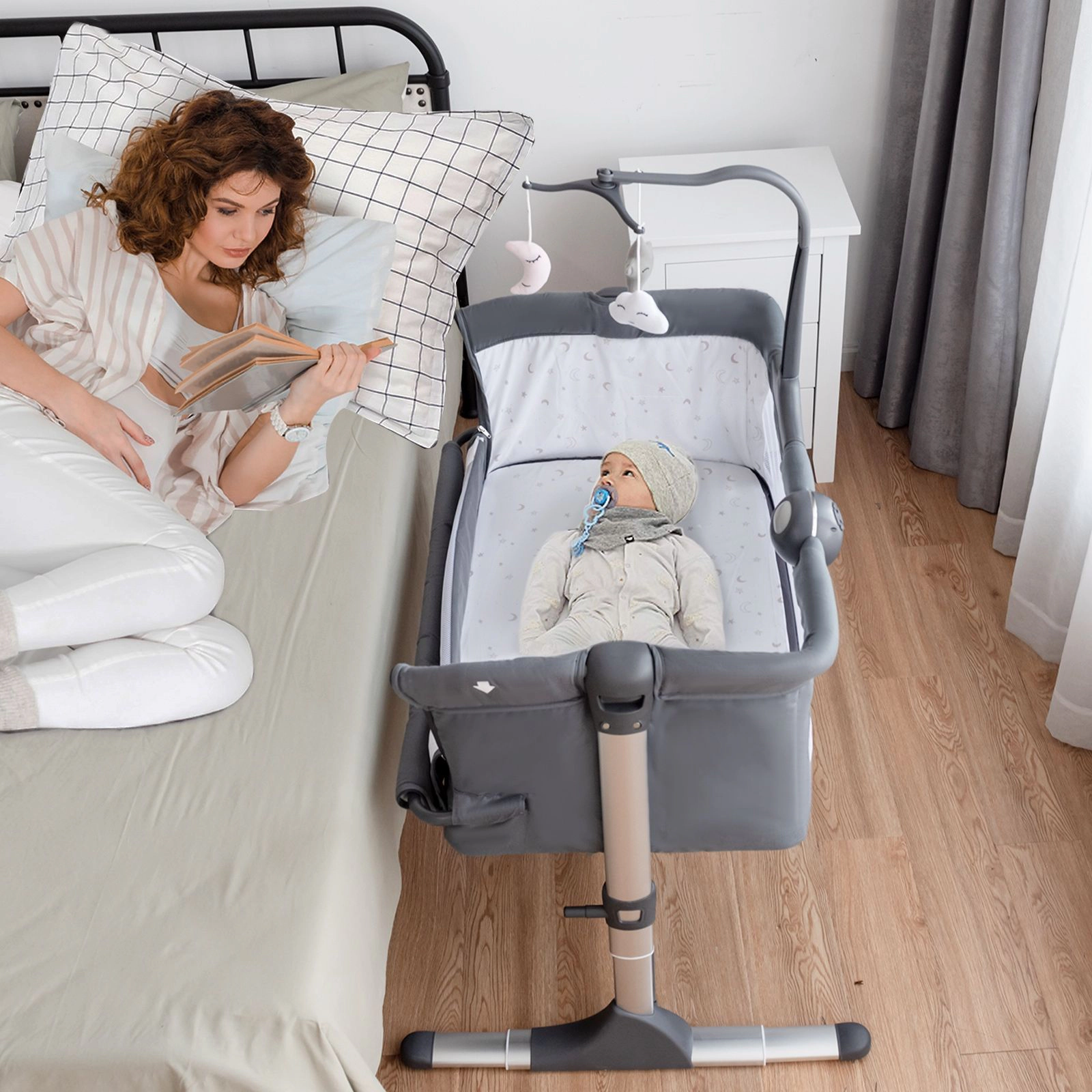 SlickBlue Gray Portable Bedside Bassinet with Adjustable Height and Mesh Sides