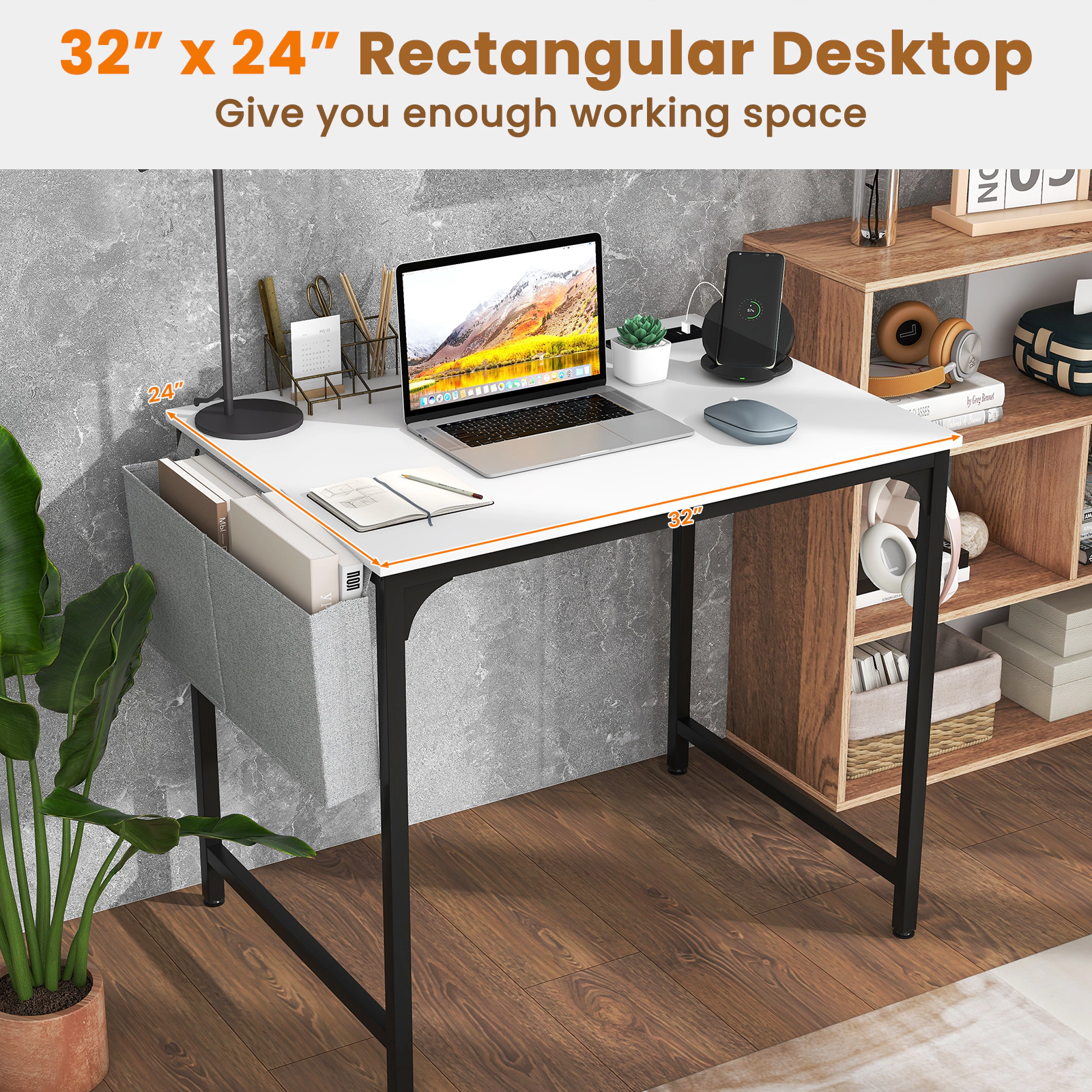 SUGIFT Small Home Office Computer Desk with Charging Station 210-lb Desktop Capacity White + Black