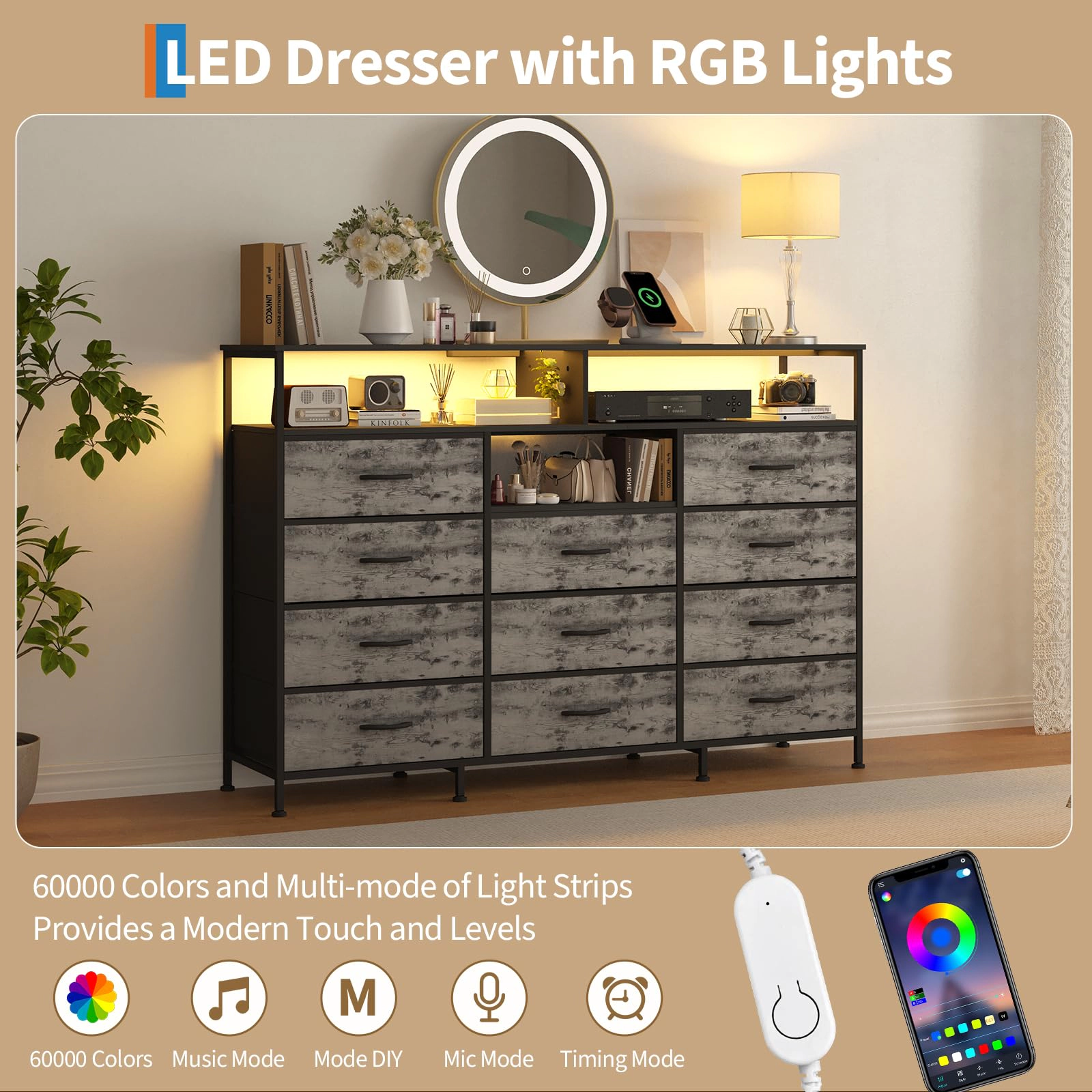 55.1" 11 Drawer Fabric Dresser with LED Lights, Power Outlet & Open Shelves