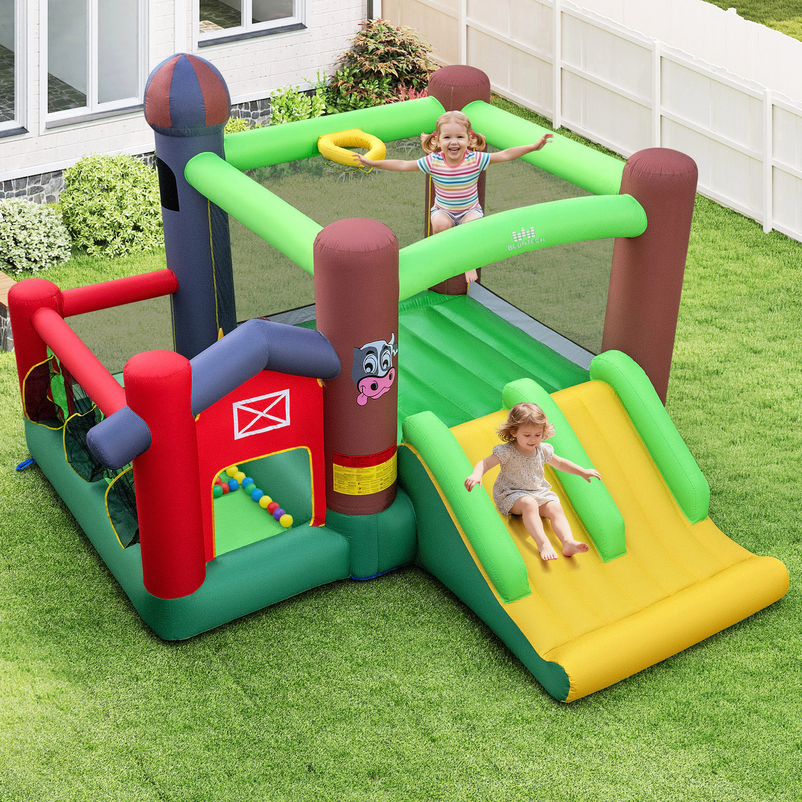 6-in-1 Inflatable Bounce House with Double Slides Basketball Hoop Ball Pit and Ocean Balls for 3 Kids 300-lb Capacity