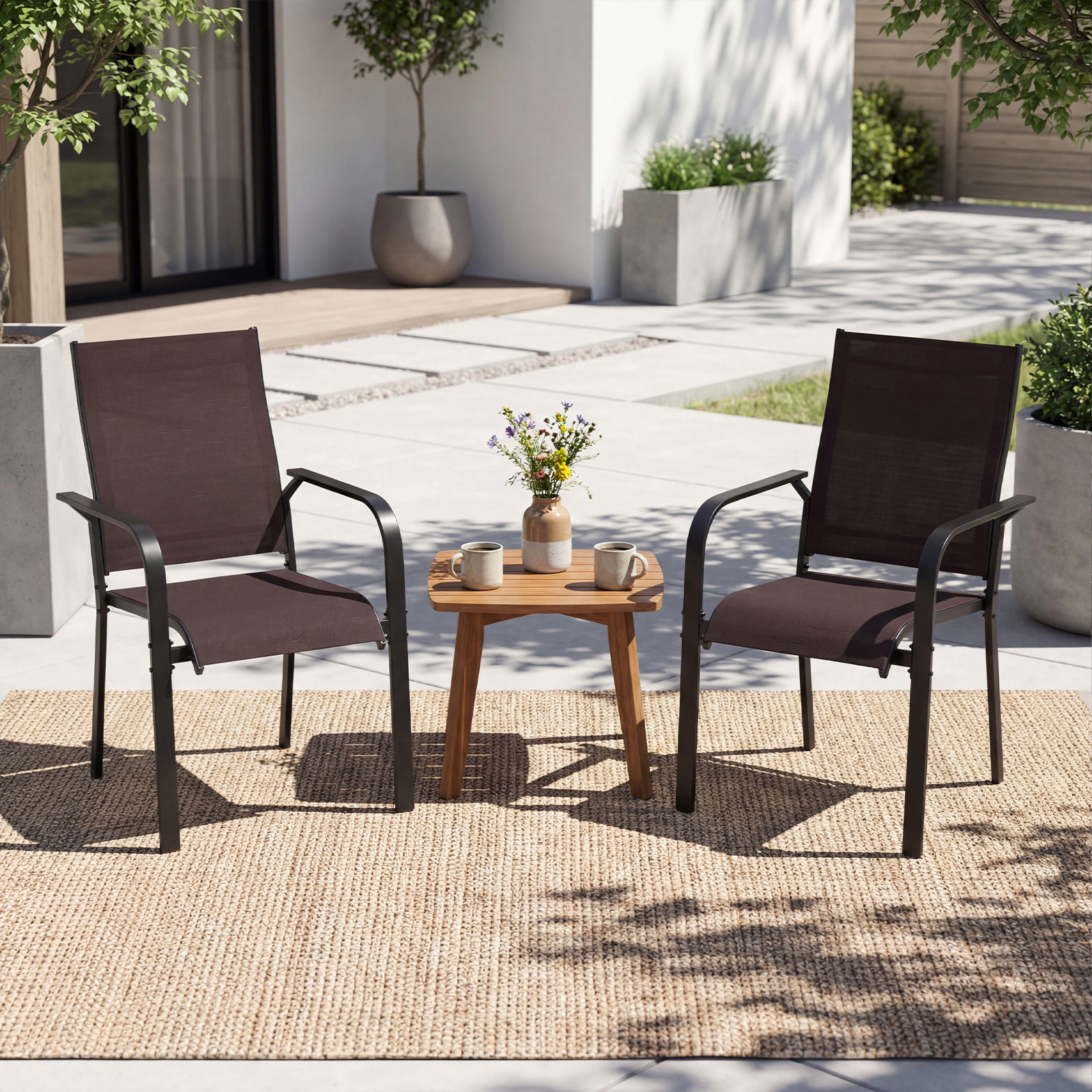 SUGIFT Stackable Metal Patio Dining Armchairs with Breathable Mesh 350-lb Capacity Coffee 22 x 21 x 36 in Set of 2