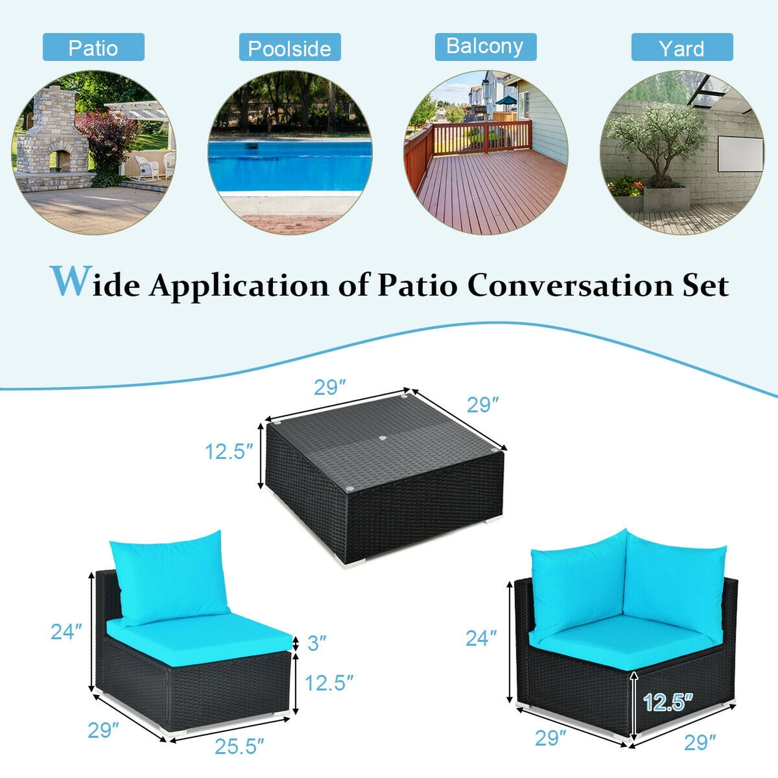 SUGIFT 7-Piece Blue Wicker Patio Sectional Sofa Set with Glass Table