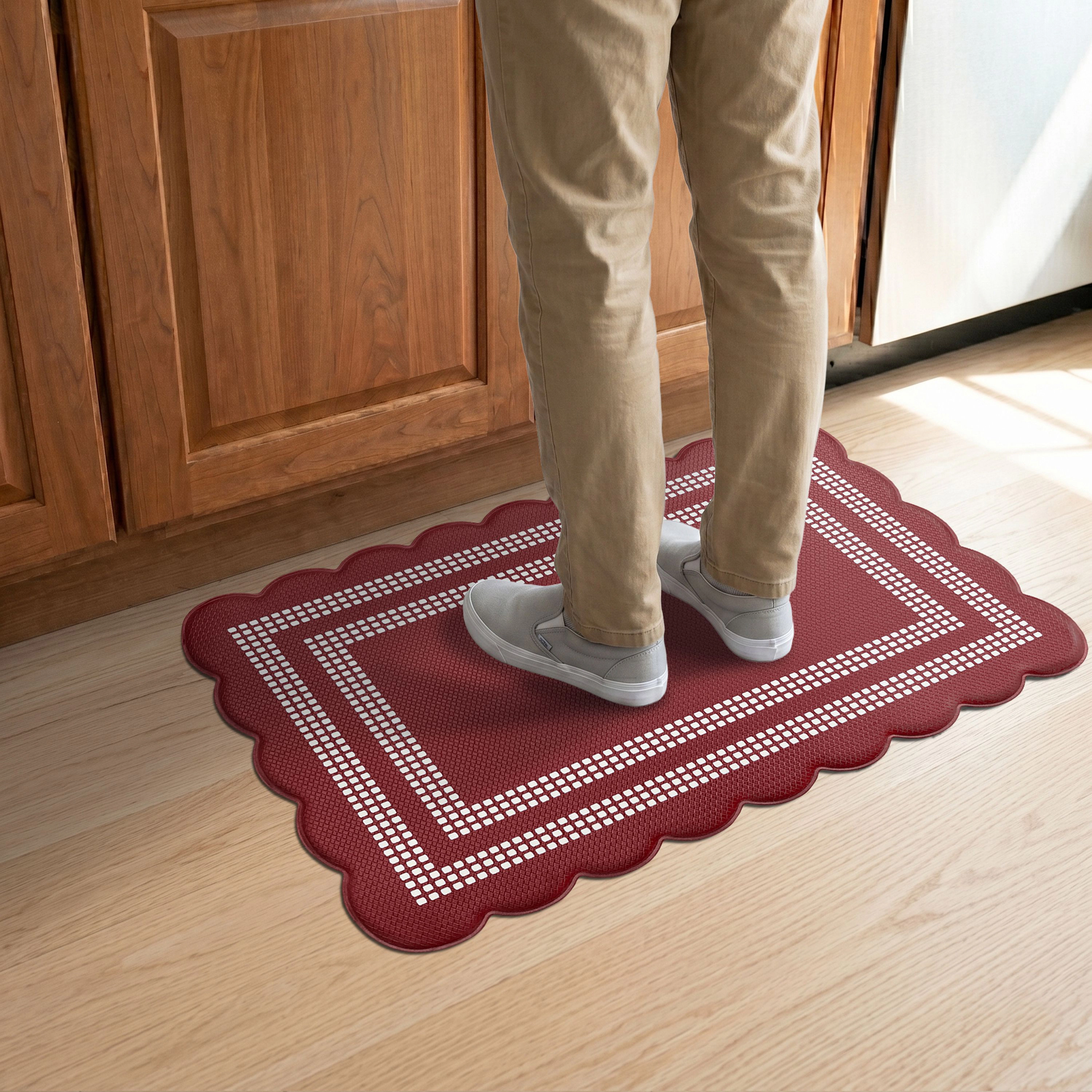 Kate Aurora Remi Scalloped Anti Fatigue Non-Skid Memory Foam Kitchen Floor Mat, 18x30, Red