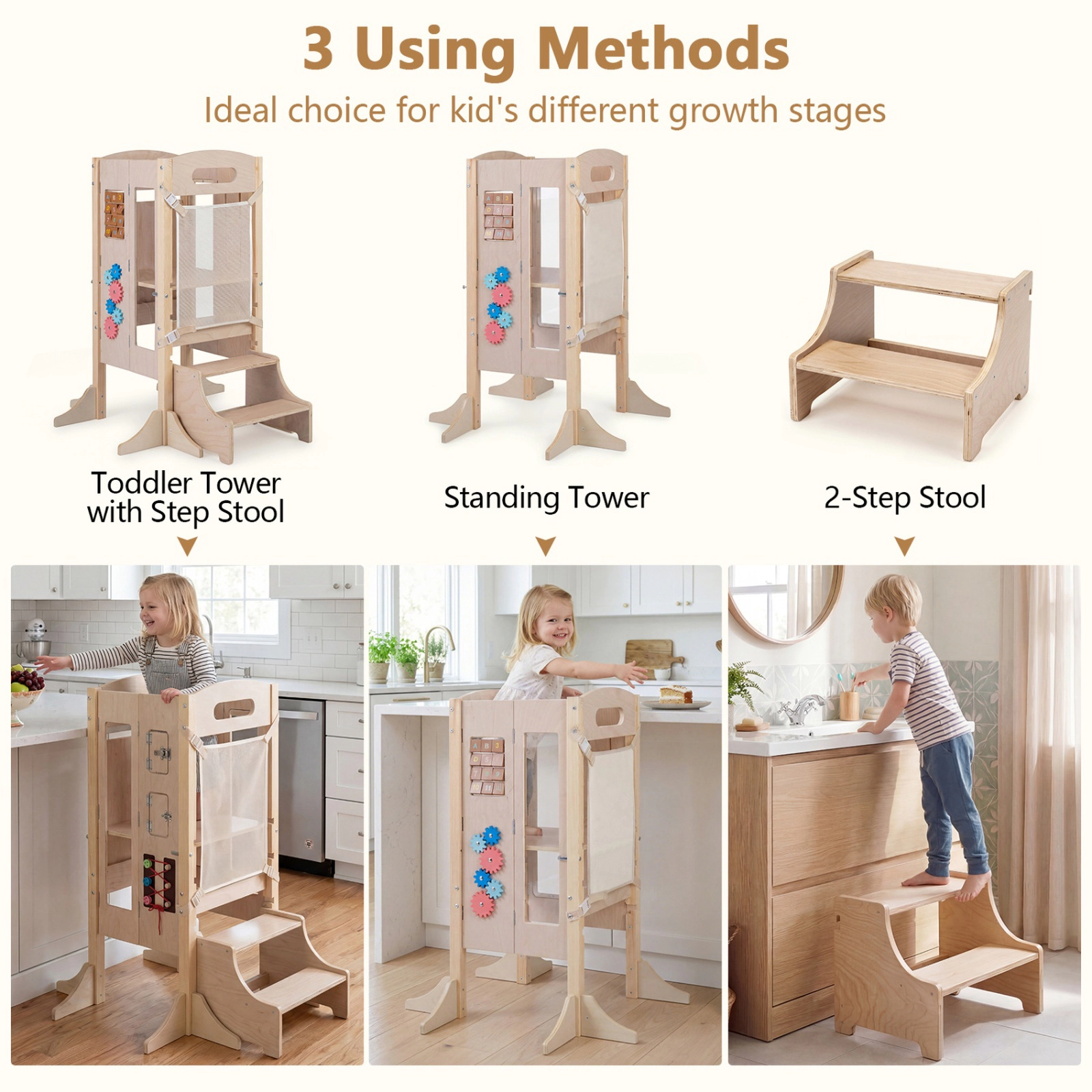 SUGIFT 3-in-1 Foldable Wooden Toddler Standing Tower with 2-Step Stool 110-lb Capacity Ages 3+ Natural