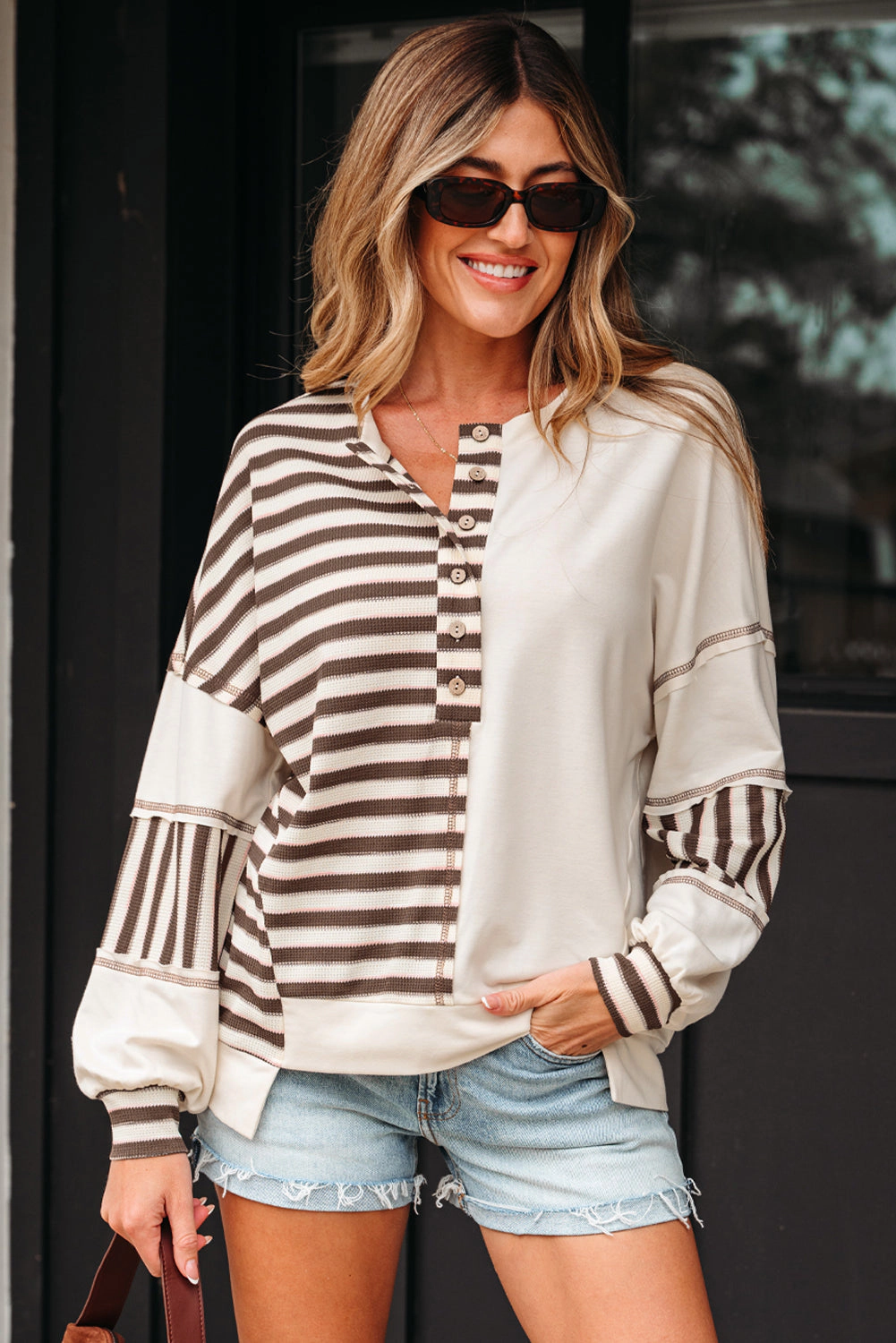 Threaded Pear Women's Ariana Stripe Stitched Oversized Sweatshirt