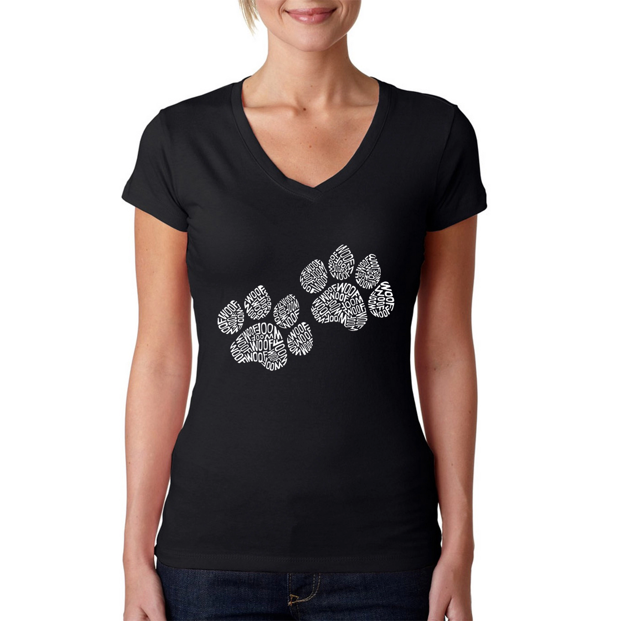 LA Pop Art Womens Word V-Neck T-Shirt - Woof Paw Prints