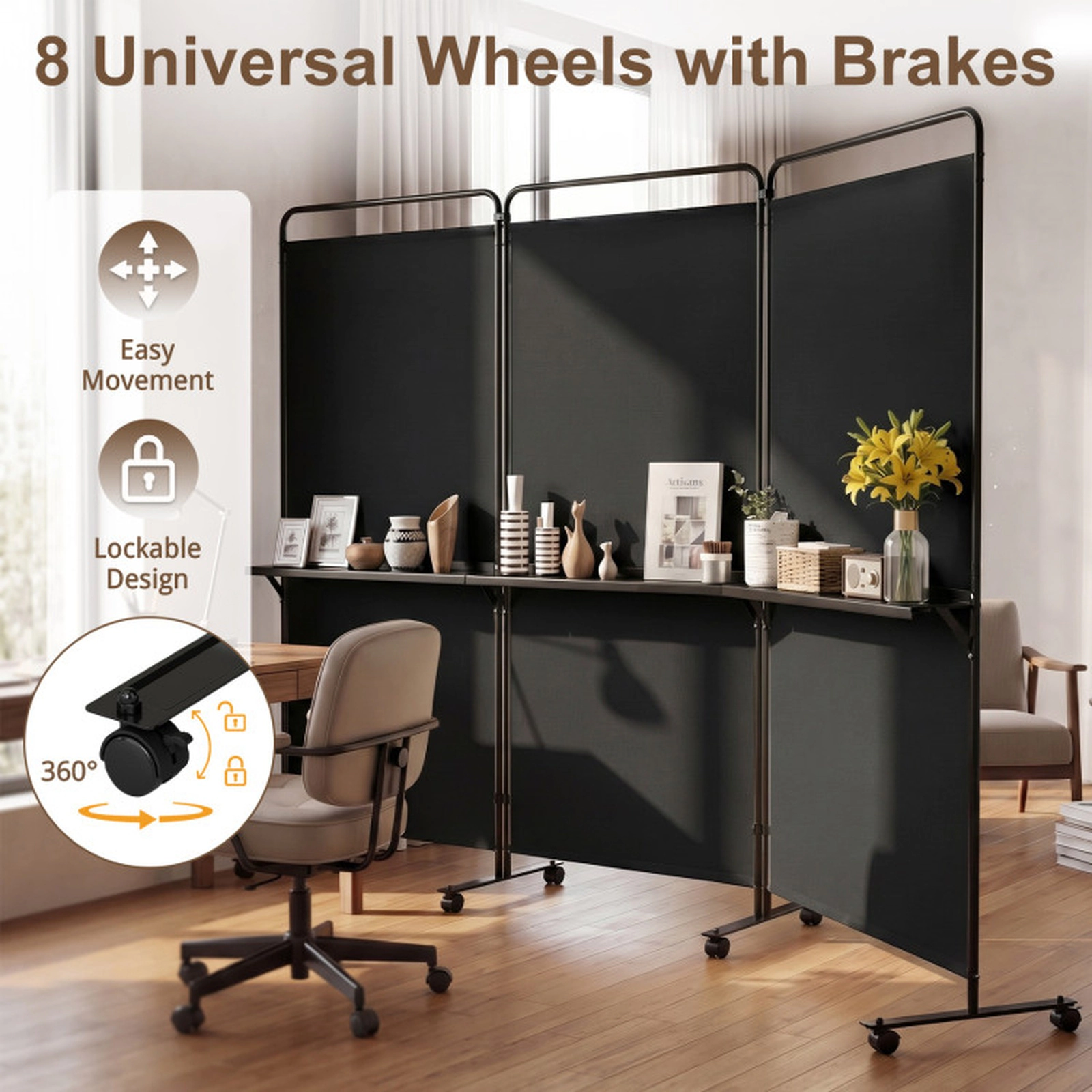 SUGIFT Black 3-Panel 74-in Tall Folding Room Divider with 3 Metal Shelves and 8 Lockable Universal Wheels