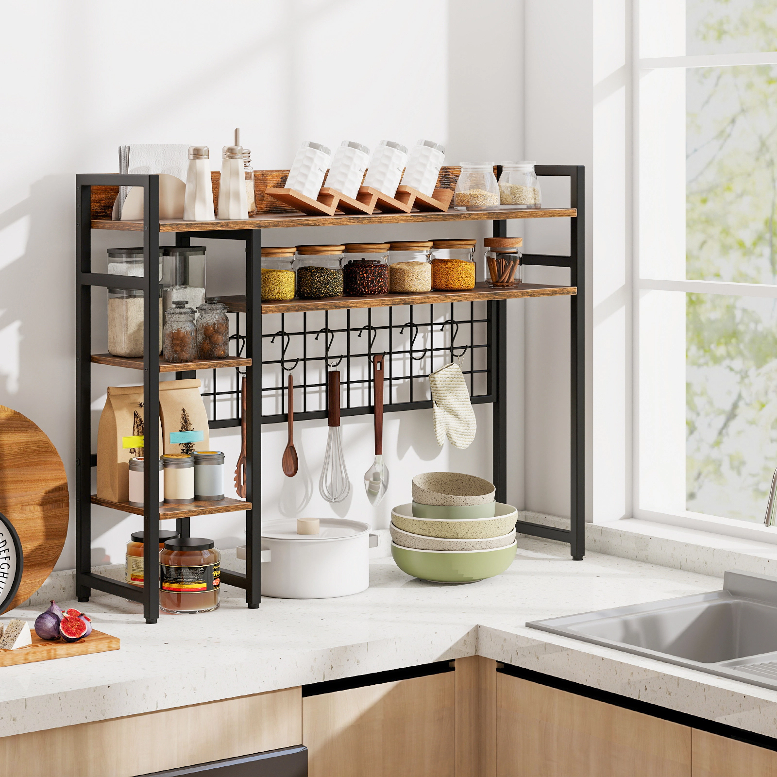 SUGIFT 4-Tier Rustic Brown Desktop Bookshelf with Metal Grid Panel 6 Hooks and Display Rack for Monitor