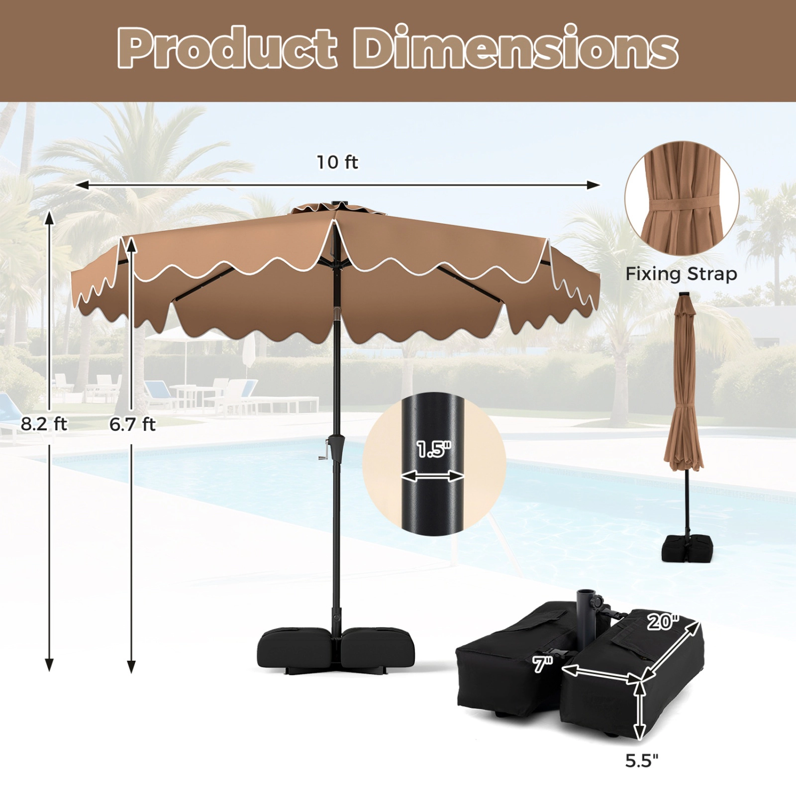SUGIFT 10-ft Solar LED Outdoor Patio Umbrella with Crank Tilt Weighted Base and Sandbags 20-lb Net Weight Brown