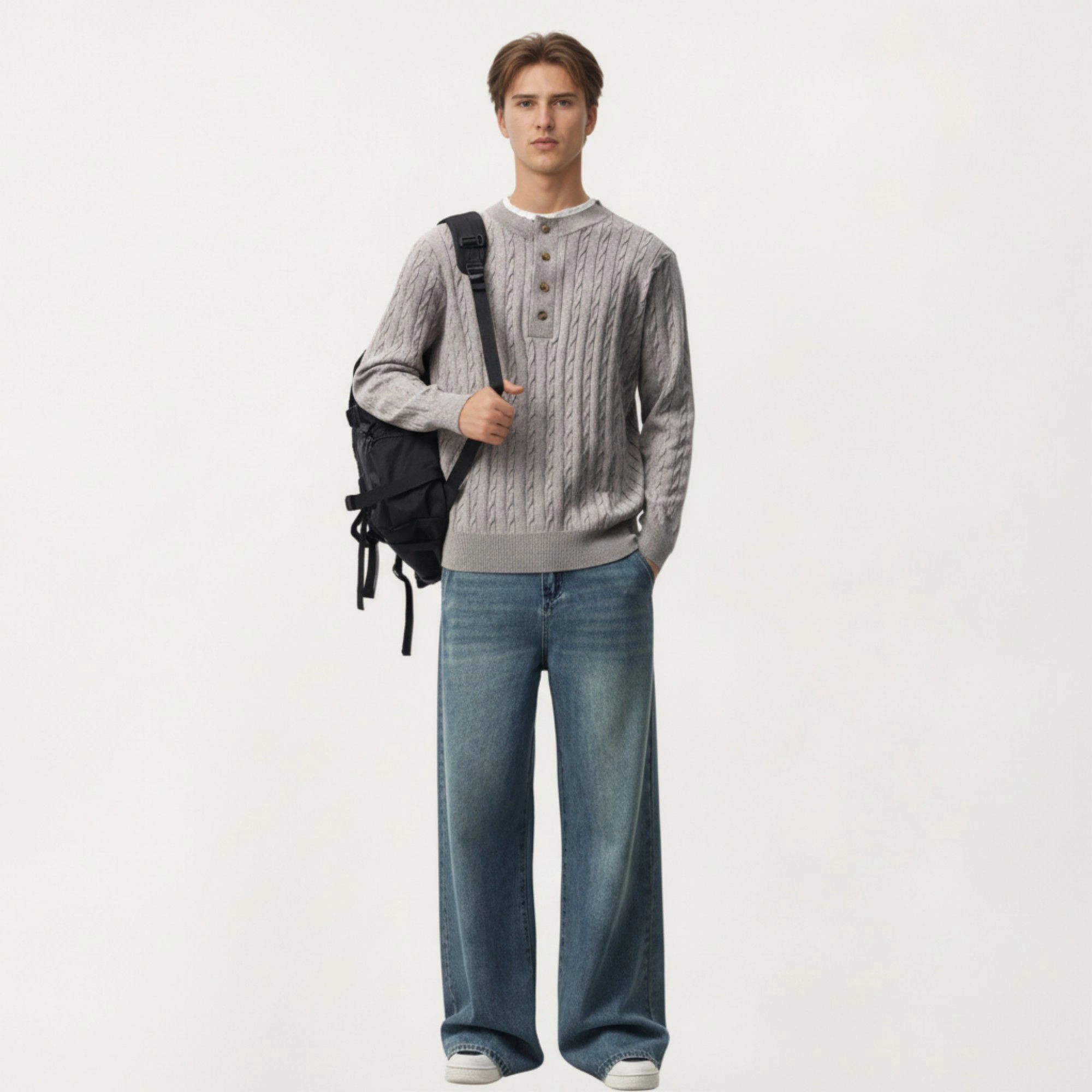 Anna-Kaci Men's Long Sleeve Cable Knit Henley Sweater with Button Placket and Ribbed Trim