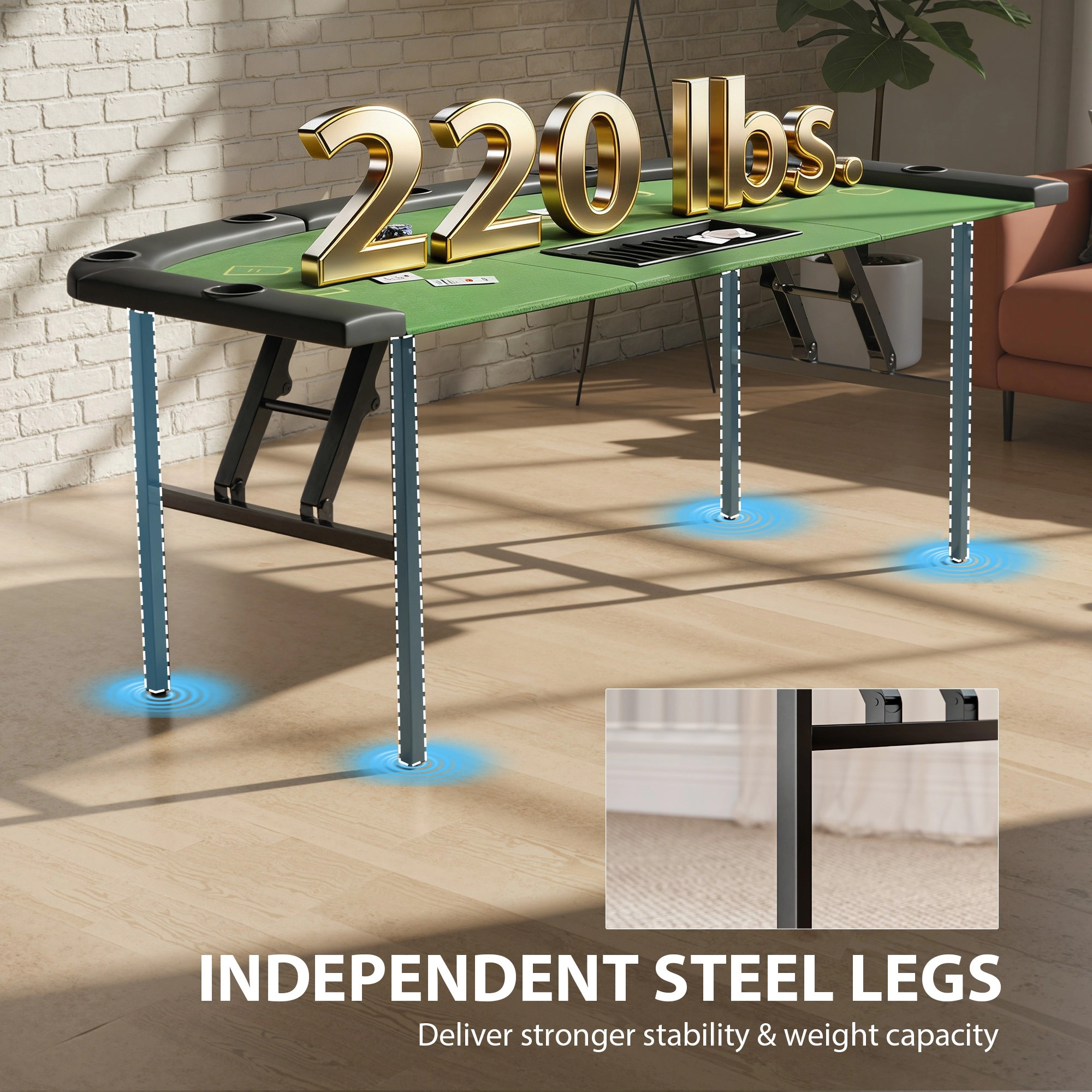HONGGE Poker Table Foldable, 72" Portable Casino Blackjack Table for 8 Players with Felt Surface, Cup Holders