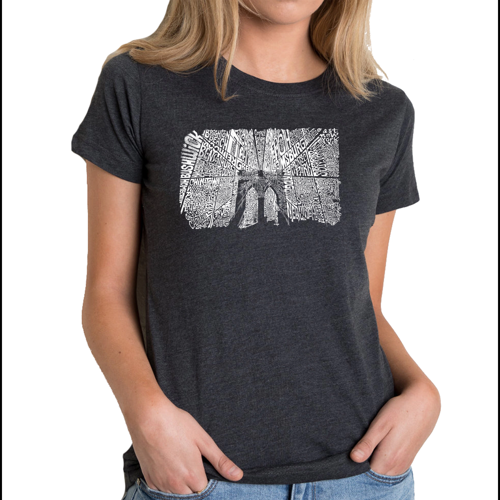 LA Pop Art Women's Cotton/Poly Blend Word TShirt - Brooklyn Bridge