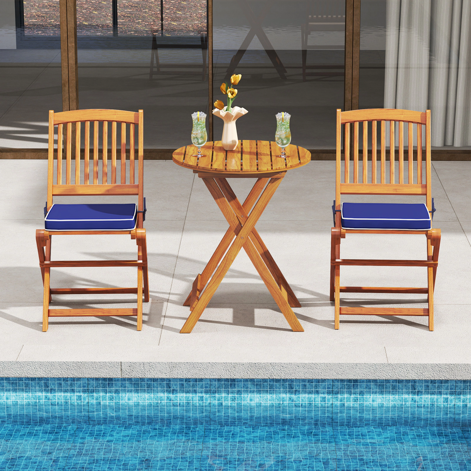 SUGIFT Set of 2 Navy Acacia Wood Folding Patio Dining Chairs with Seat Cushions and Slat Back 18.5-in W 33.5-in H