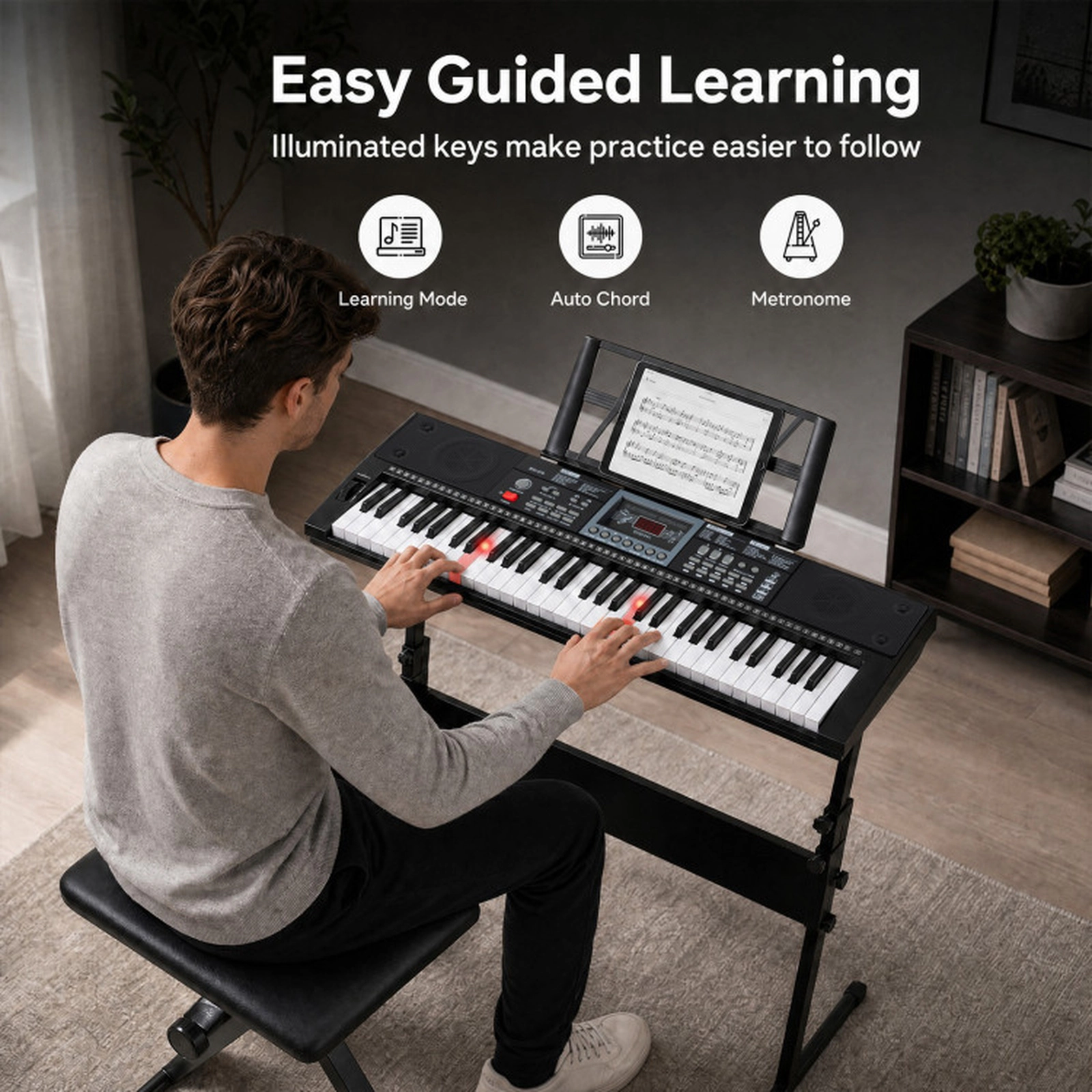 SUGIFT 61-Key Lighted Keyboard Piano with Stand and Padded Stool 31.5-in Keyboard for Beginners Black and White