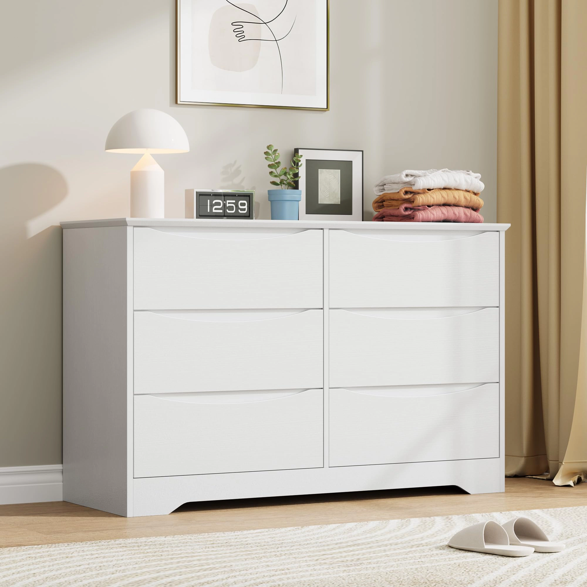 6 Drawer Modern Dresser with Hidden Handles, 47" Wide Large Double Storage Chest for Bedroom Living Room Hallway