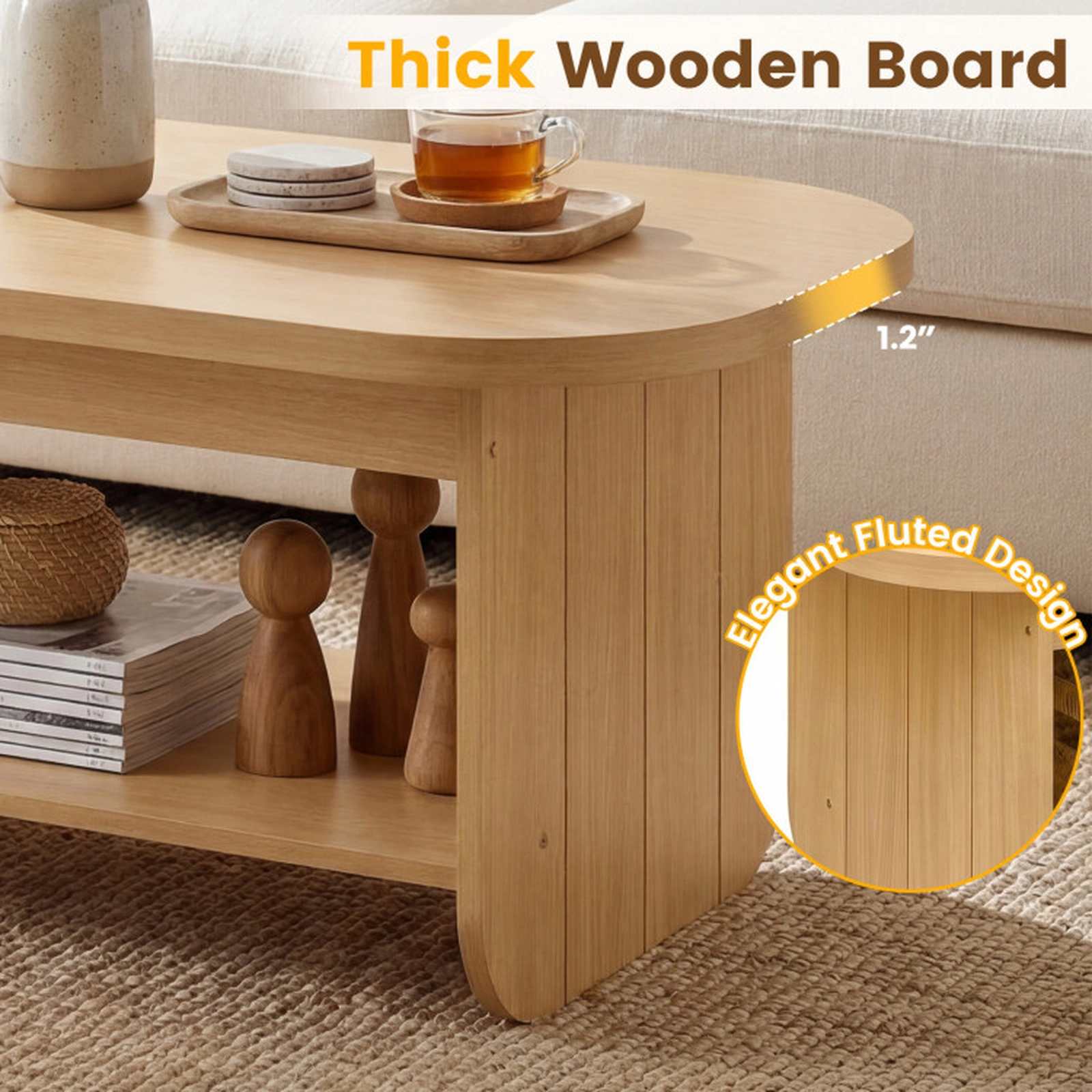 SUGIFT 2-Tier Oval Fluted Engineered Wood Mid Century Coffee Table 47-in x 24-in x 17.5-in 132-lb Capacity Natural