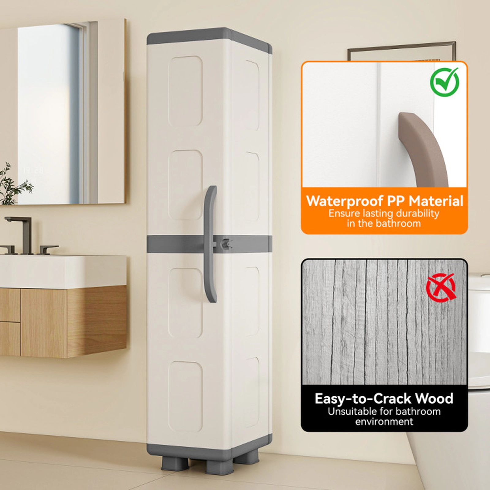 SUGIFT Slim Storage Pantry Cabinet with 4 Adjustable Shelves 55-lb Shelf Capacity 33-lb Top Capacity Gray and White
