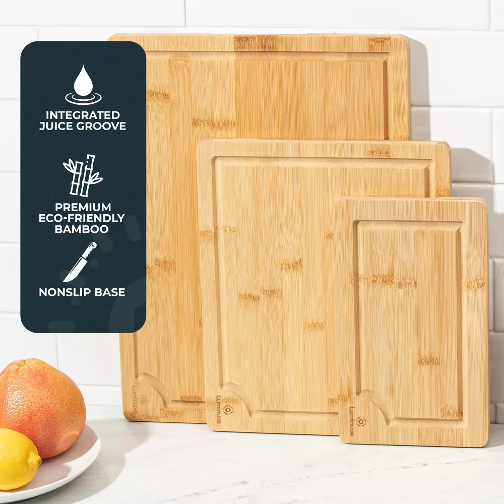 Luminuxe Bamboo Cutting Board Set of 3, Heavy‑Duty Nonslip Wood Boards with Juice Groove for Kitchen Prep