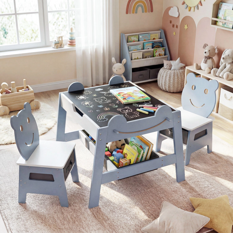 Hivvago 5-In-1 Toddler Table And 2 Chairs Cute Art Desk Set With Reversible Chalkboard Whiteboard