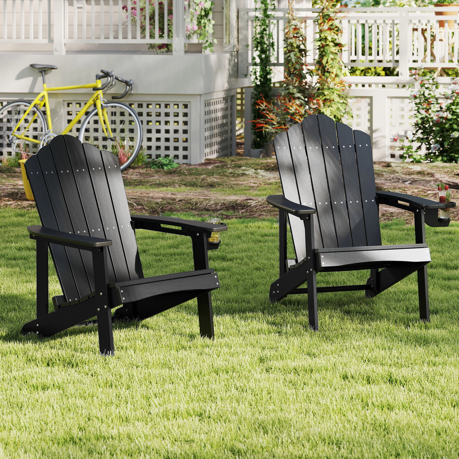 LJG Outdoor Adirondack Chair with Built-in Cup Holder for Backyard Porch
