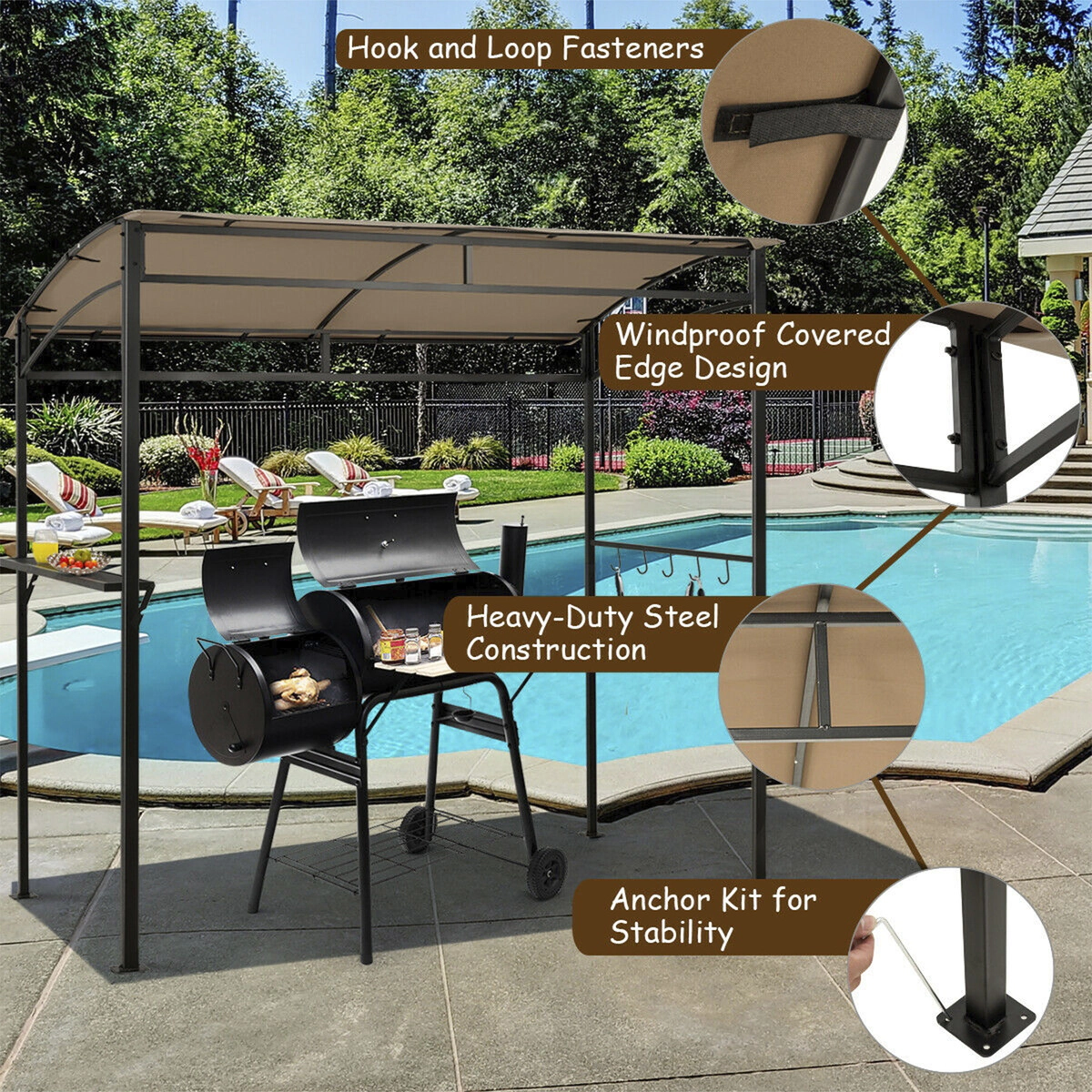 SUGIFT 7-ft Brown Outdoor Grill Gazebo with BBQ Canopy, Shelf and 5 Hooks