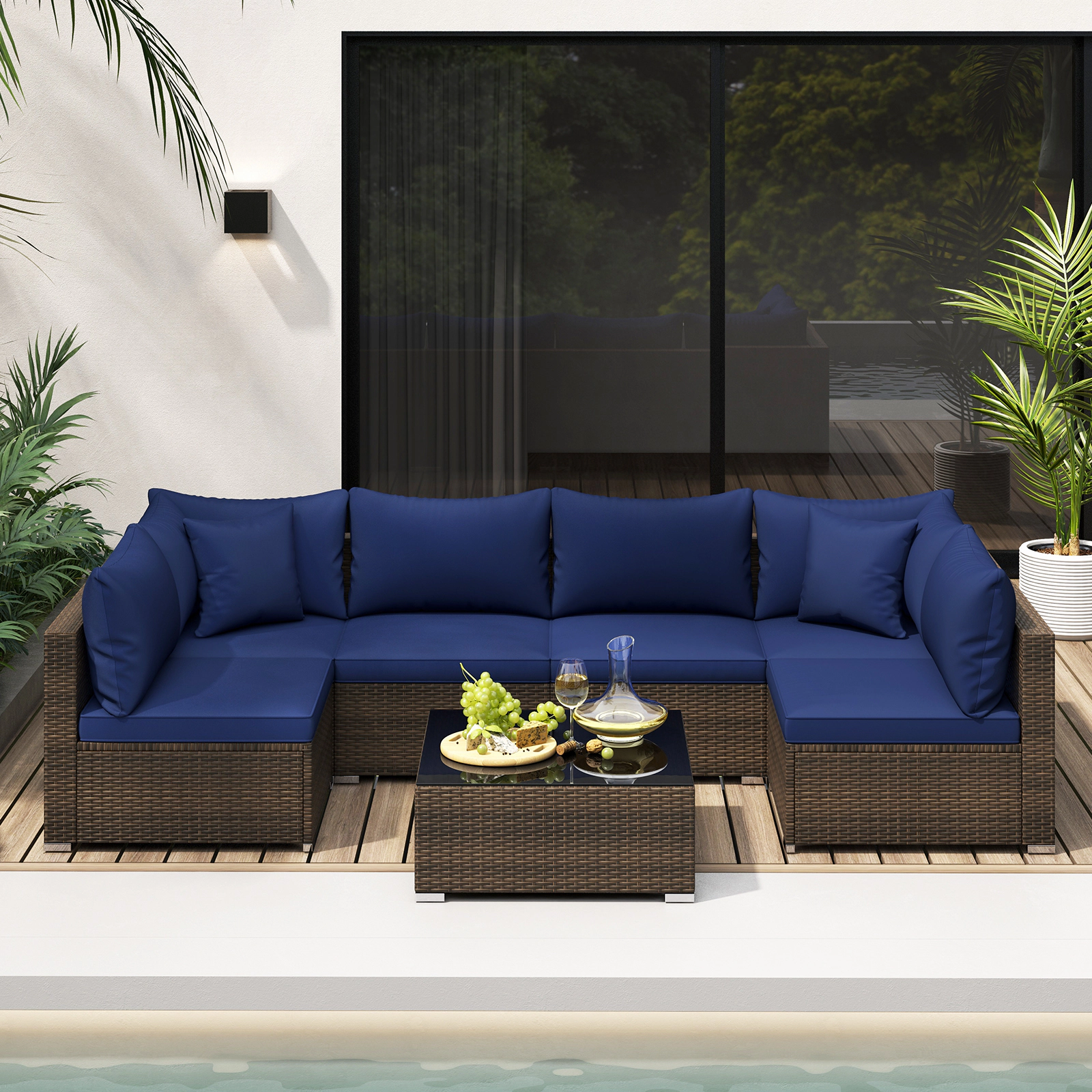 LJG 7 Pieces Patio Rattan Furniture Set with Sectional Sofa Cushions