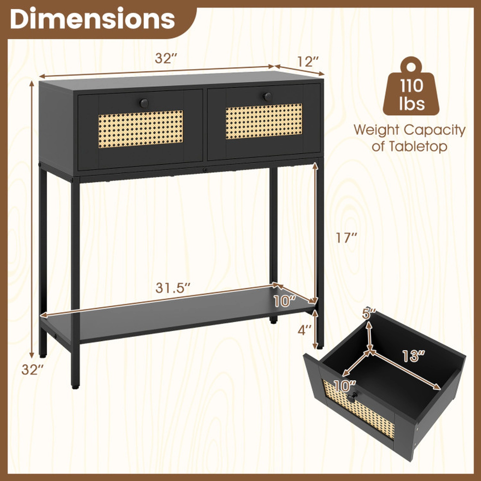 SUGIFT Rattan Console Entryway Table with 2 Drawers and Open Storage Shelf 132-lb Total Capacity 31.5-in Tall Black