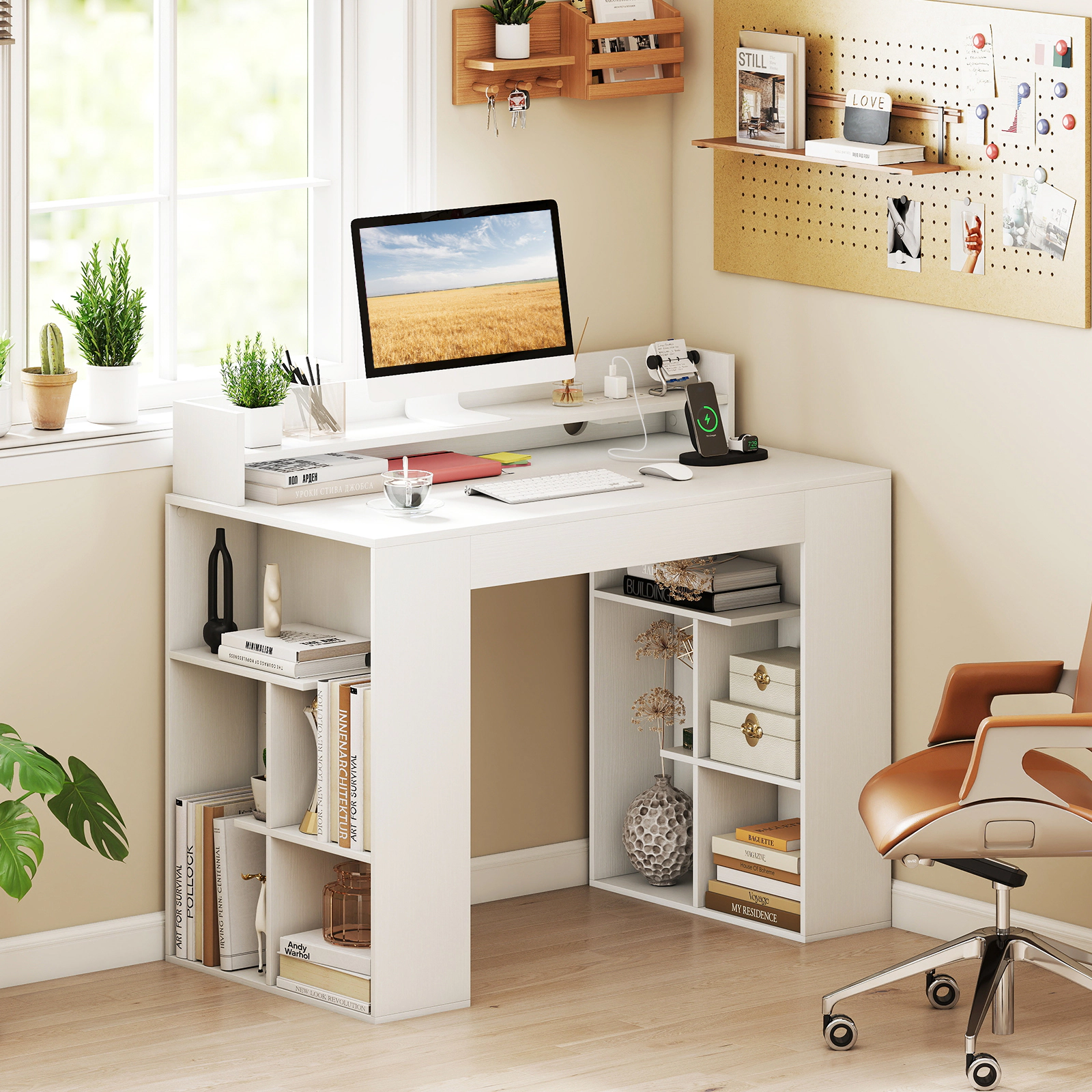 SUGIFT White Power Outlets and 2 Geometric Side Bookcases 43 Inch Computer Desk