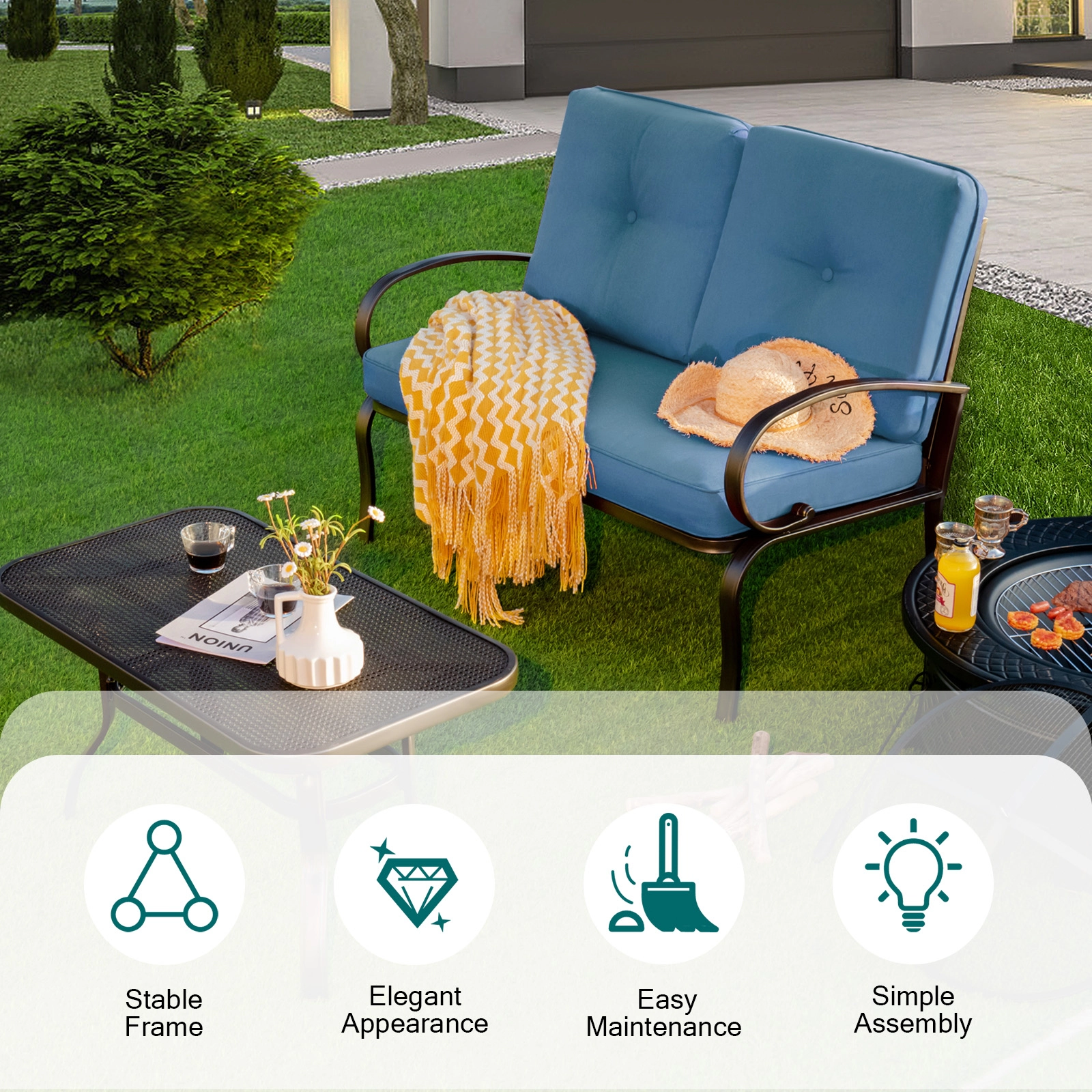 SUGIFT 2-Piece Blue Steel Patio Loveseat Set with 4-Inch Cushions and Coffee Table