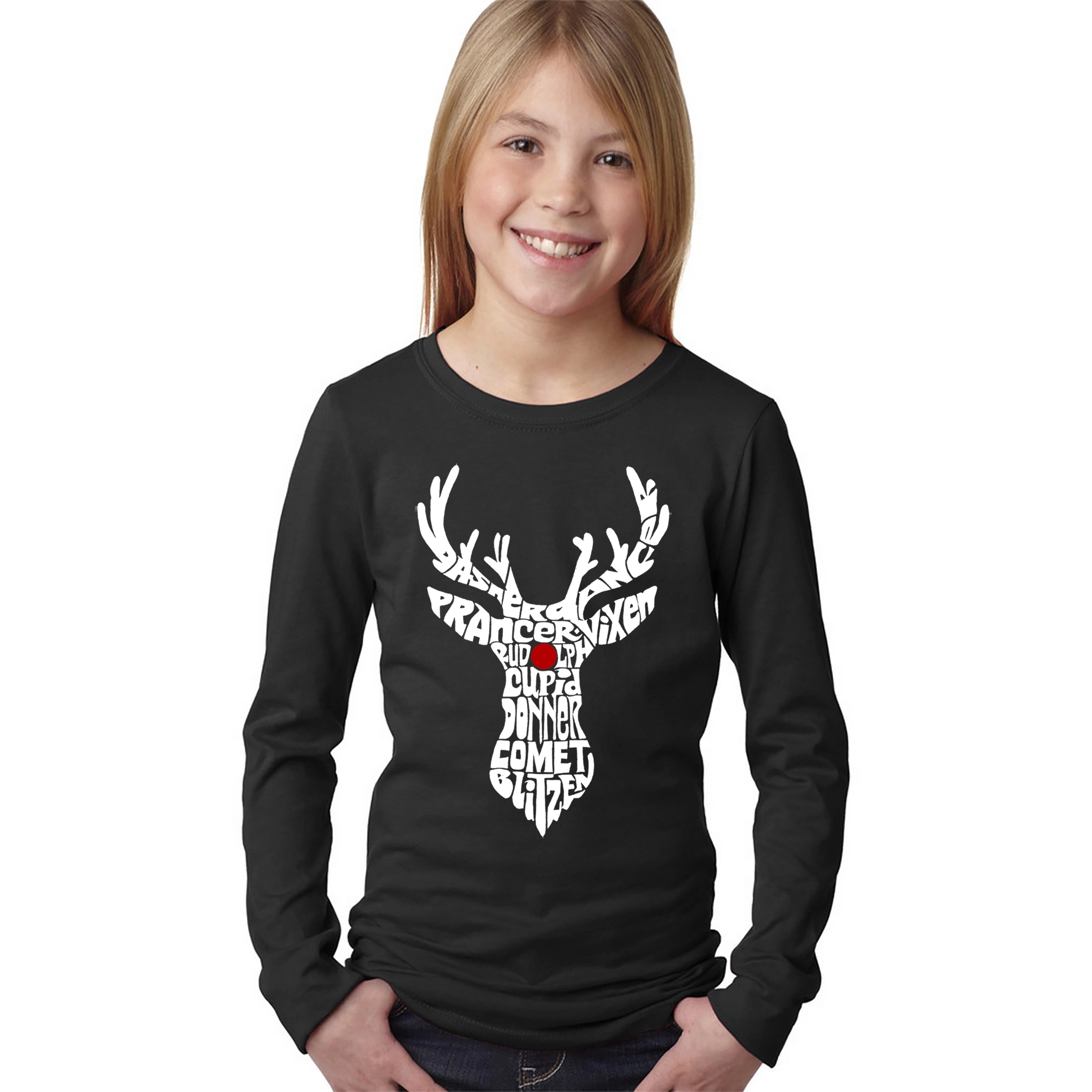 LA Pop Art Girls Long Sleeve Word T-Shirt - Girl's Santa's Reindeer