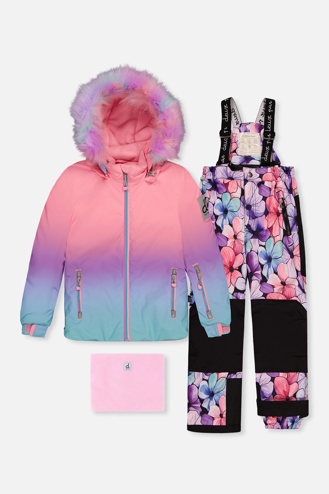 Deux par Girls Gradient Two Piece Play Snowsuit with Hooded Jacket and Watercolor Floral Snow Pants