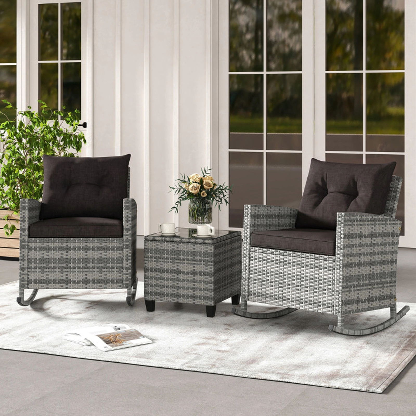 SUGIFT 3-Piece Patio Rattan Rocker Conversation Set with Tempered Glass Table 400-lb Capacity Mix Gray-Black