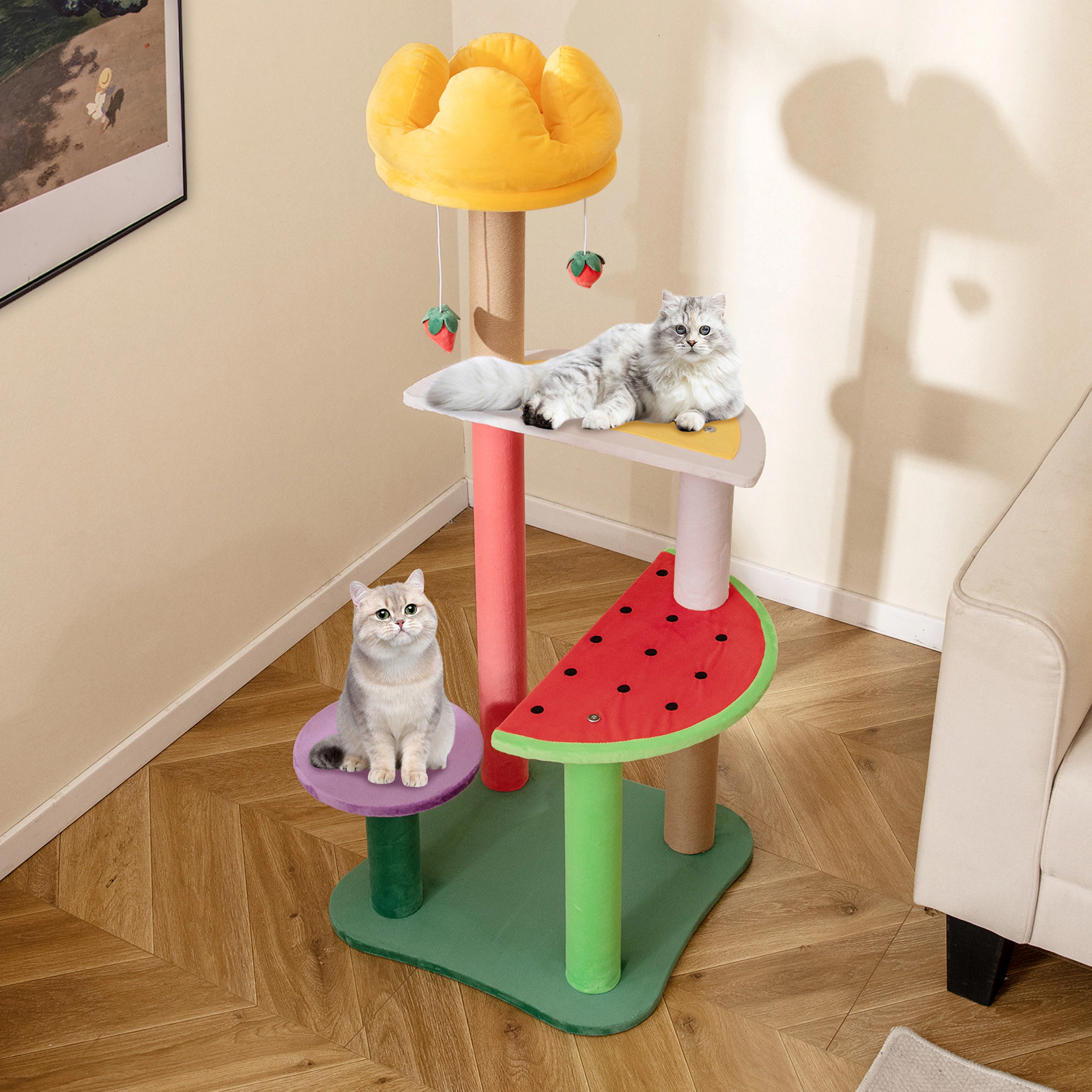 Glintex 45-Inch Fruit-Themed Cat Tree with Crown-Shaped Padded Top Perch, Multicolor