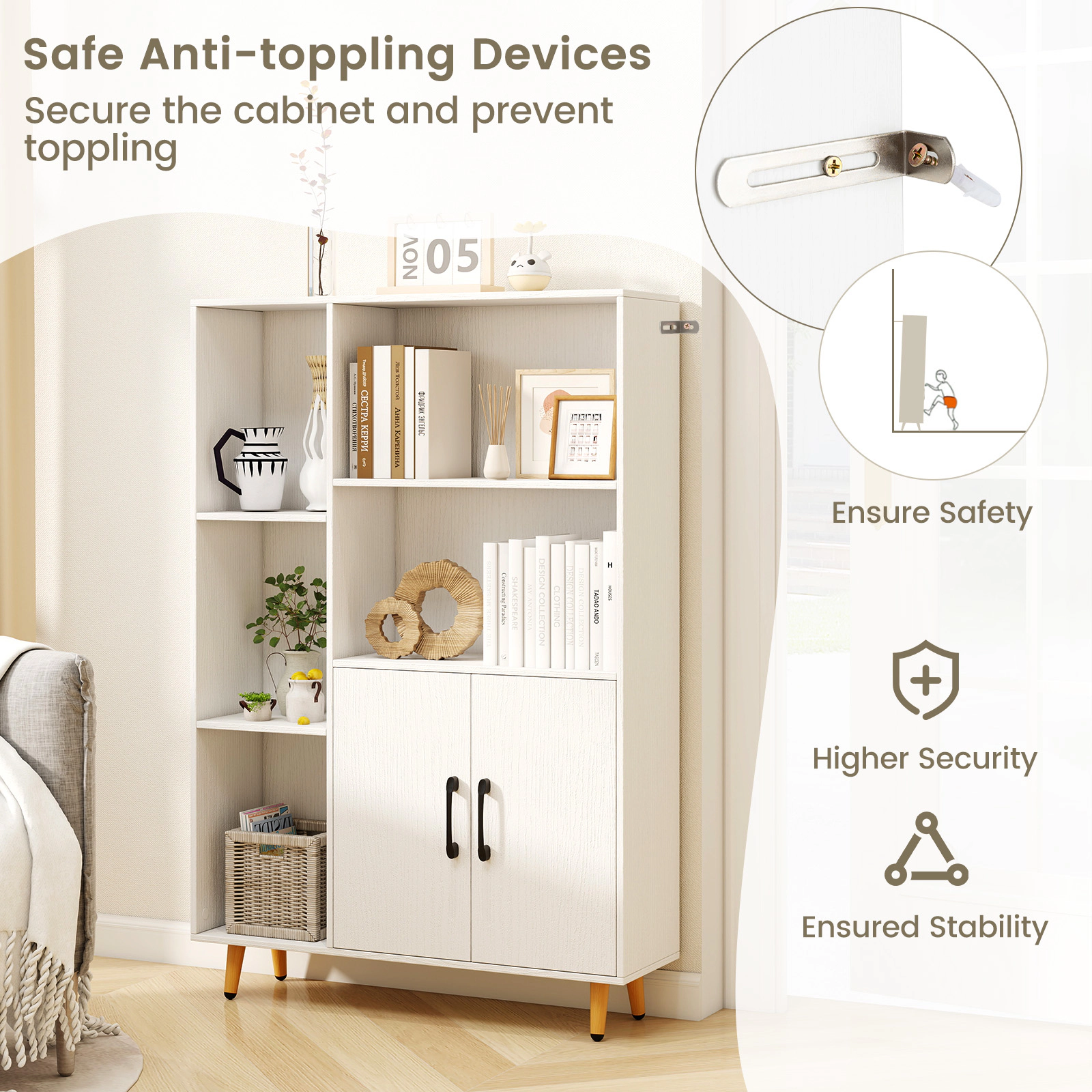 SUGIFT White 47-in Freestanding Bookshelf Pantry Cabinet with 2 Doors 5 Open Shelves and Metal Legs